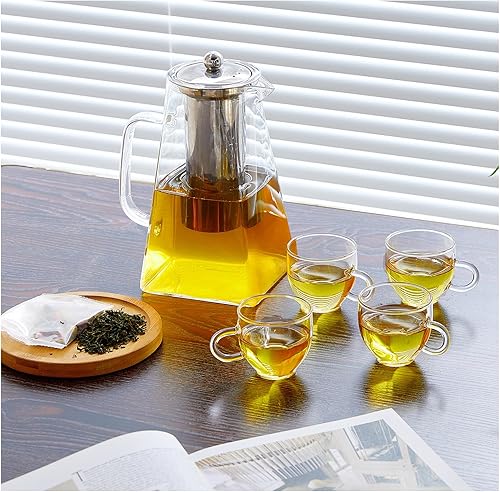 Juego de 5 piezas de tetera de vidrio con infusores y 4 tazas de té para tetera suelta, tetera segura, hervidor de agua extraíble