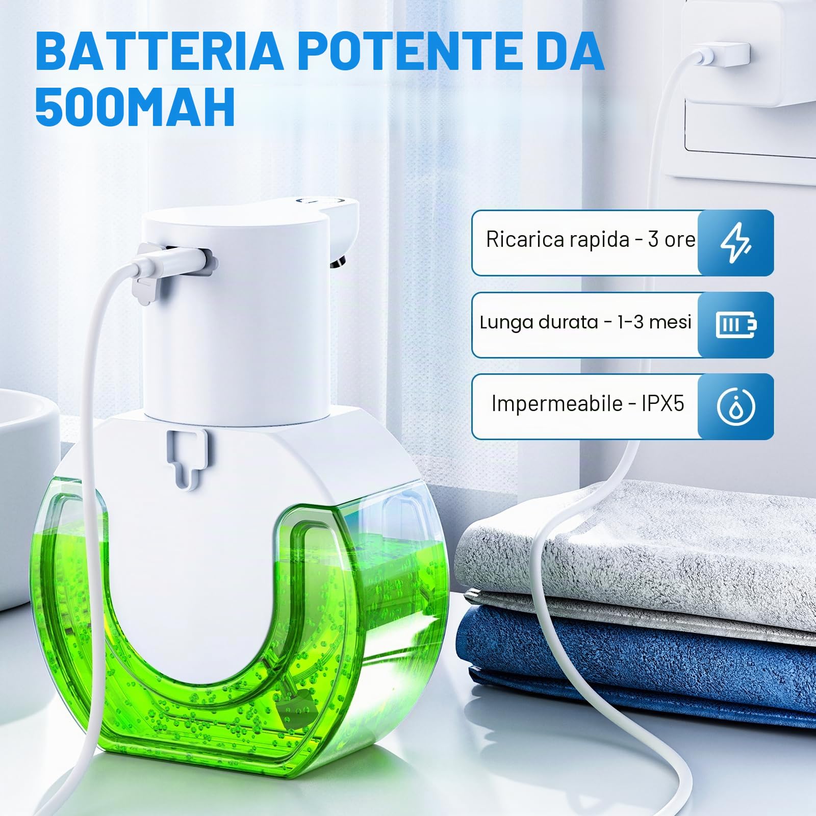 Fantictas dispenser sapone bagno automatico Dispenser di sapone da parete,420ml distributore di sapone elettrico con sensore,ricarica USB IPX5,impermeabile,4 livelli regolabili