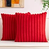 Aegero Pack of 2 Faux Fur Christmas Throw Pillow Covers 20x20 Inch, Soft Plush Striped Neutral Couch Pillow Cover, with Velvet Back Modern Home Decor for Sofa Living Room Couch Bed Red