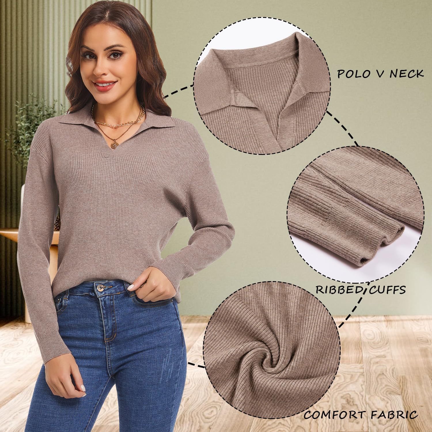 MessBebe Women's Long Sleeve Knitted Pullover Sweaters Collared V-Neck Polo Shirts Tops - Image 5