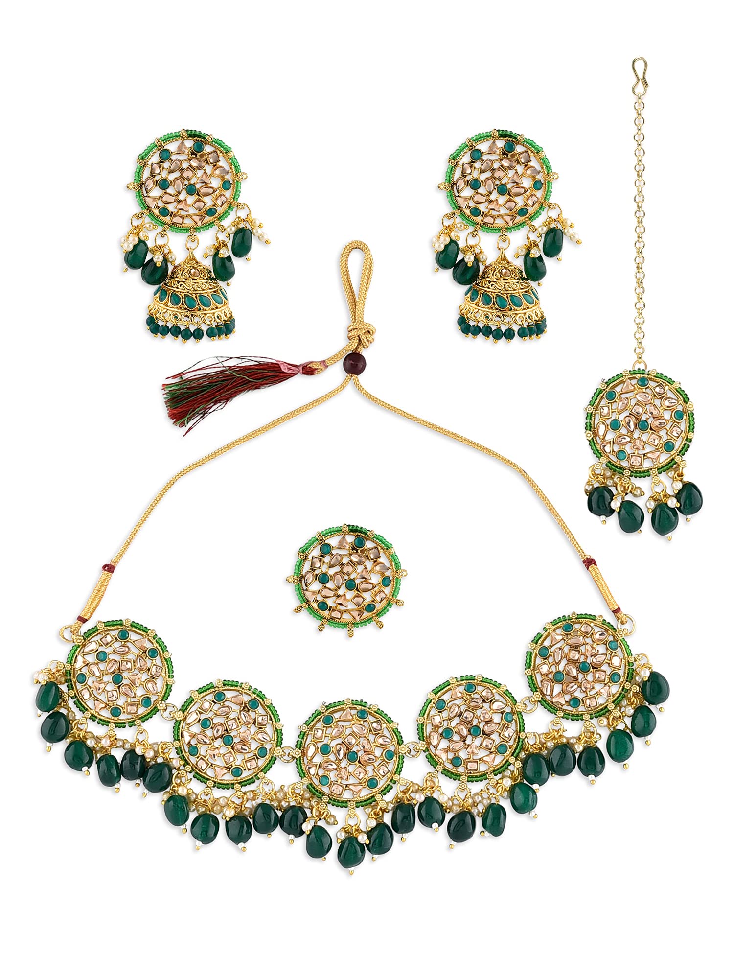 ZAVERI PEARLS Green Beads & Stones Choker Necklace Earring Maangtikka & Ring Set For Women-ZPFK10498 (B09F2ZKNNB) Amazon Price History, Amazon Price Tracker