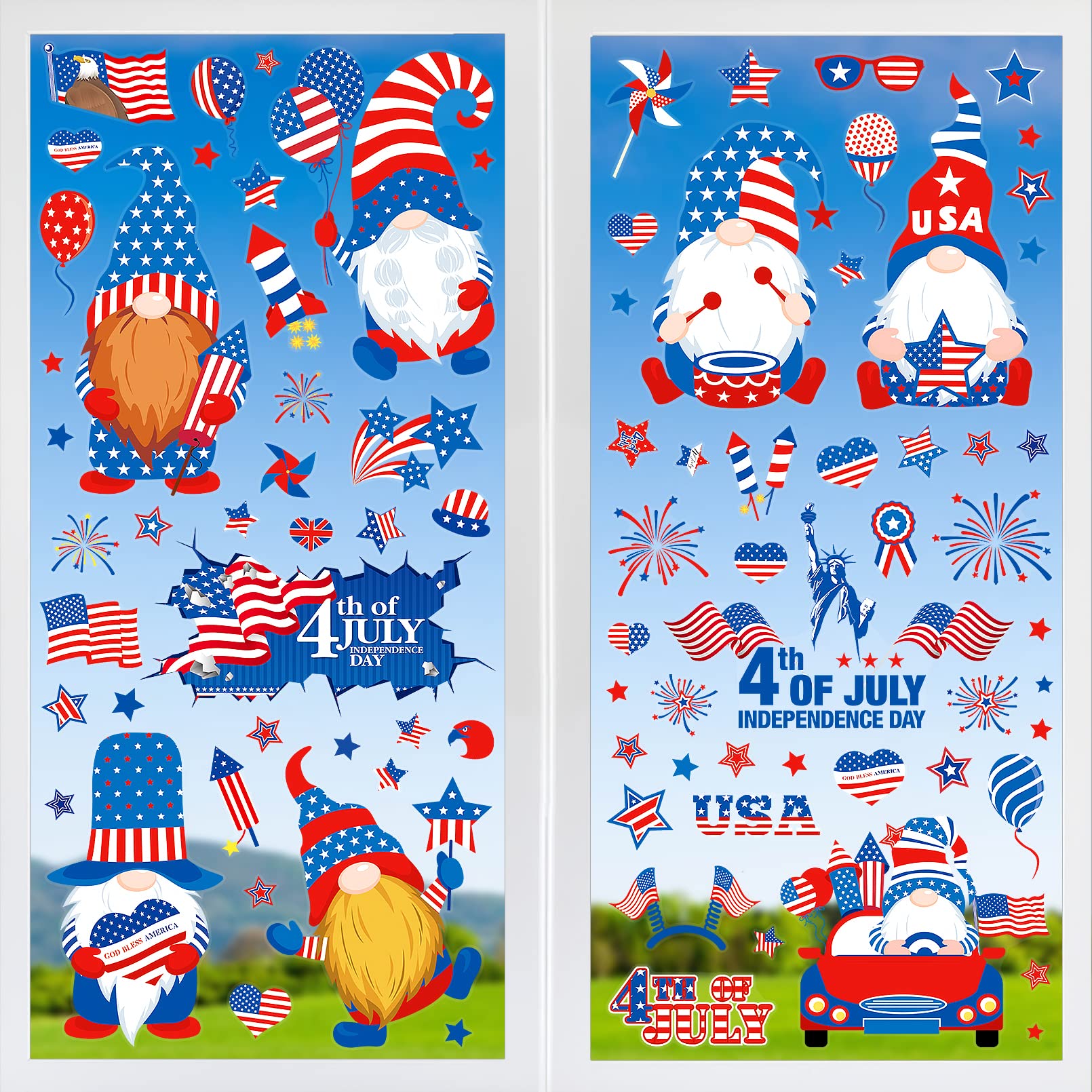 4th of July Window Clings 9 Sheets for Glass,4th of July Gnome Window Decoration,Independence Day Decor Decals for Home,Double-Sided USA 4th of July Party Favor Supplies