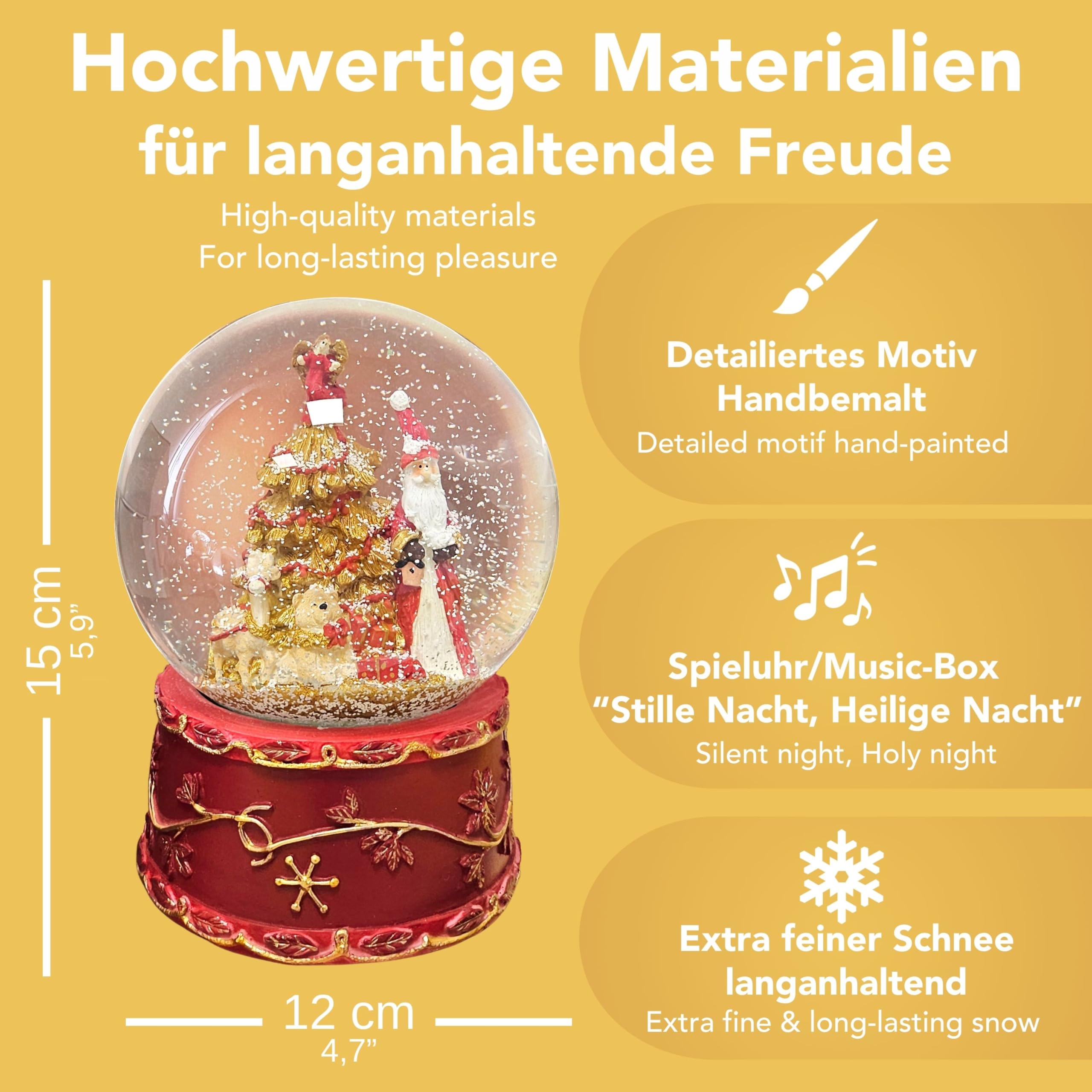 Schneekugel Weihnachten Spieluhr | Weihnachtsmann rot Gold | Sockel Weihnachtsstern | mit Musik Stille Nacht, heilige Nacht | H:16 cm B: 12 cm | Schüttelkugel | 20023