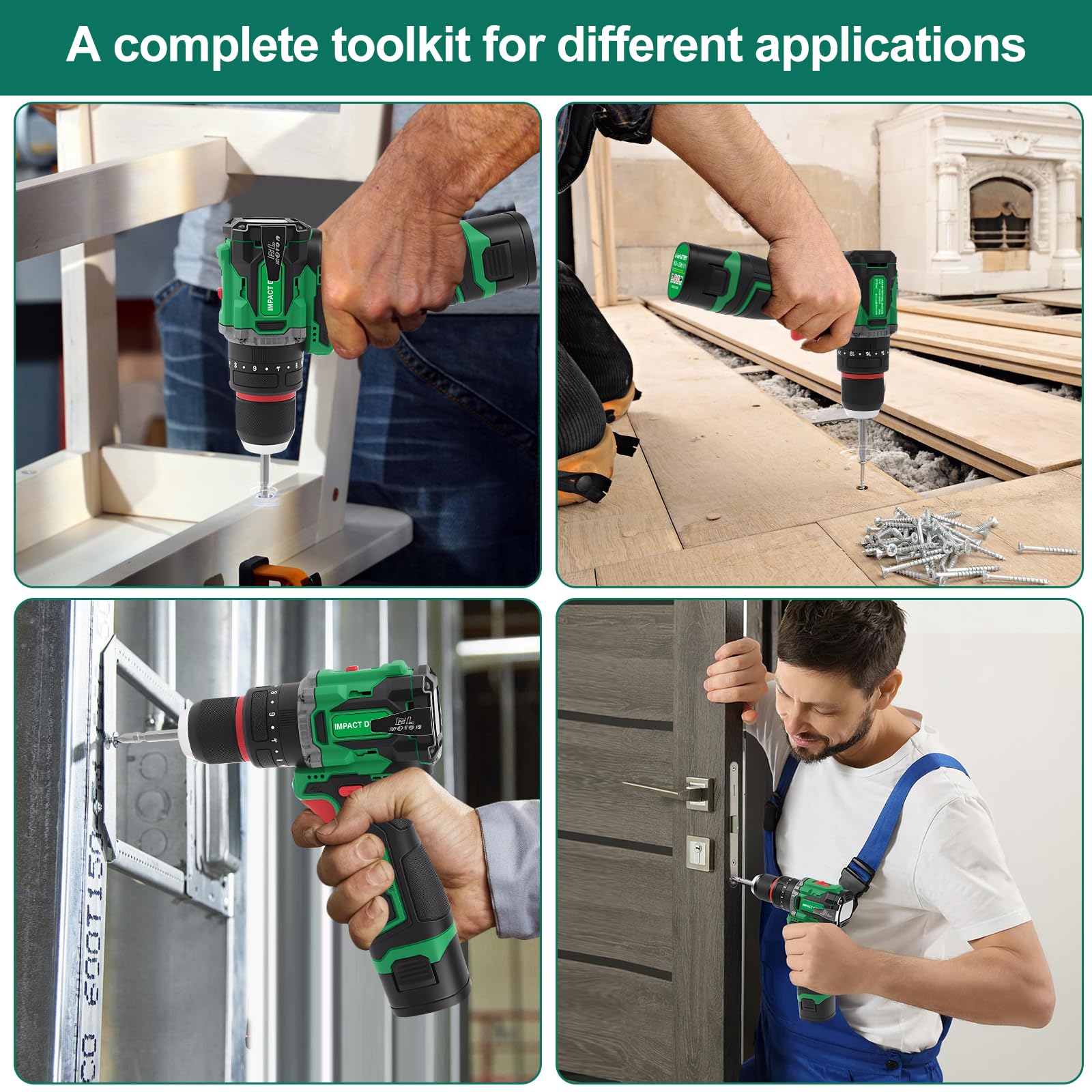 Trapano Elettrico A Percussione Senza Fili, Cacciavite Elettrico Con Coppia Regolabile, Mandrino Universale da 3/8 Pollici con 3 Punte+2 Batterie, per Foratura Del Calcestruzzo, Riparazioni Quotidiane