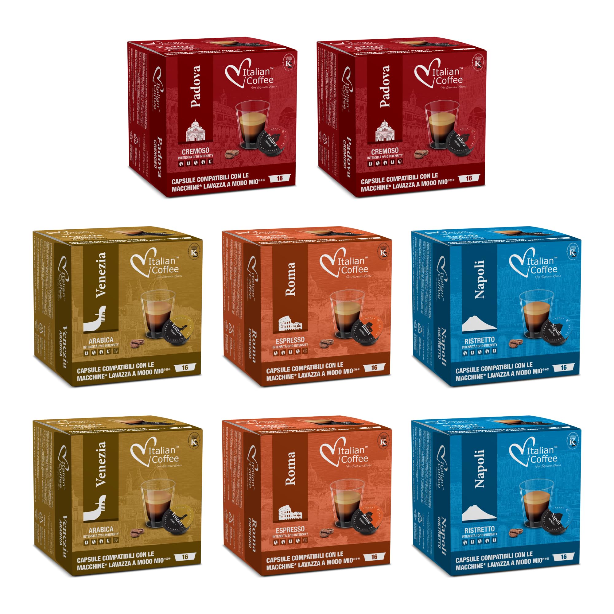 Italian Coffee, 128 Coffee Capsules Compatible with Lavazza A Modo Mio – Italian Espresso Tasting Bundle – Padova, Venezia, Roma and Napoli