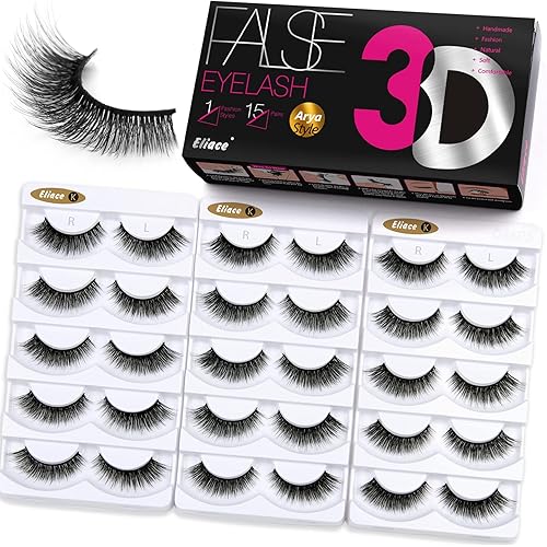 Eliace False Eyelashes Natural look Cat Eye Lashes Wispy Strips,15 Pairs 3D Mink Lashes Fake Eyelashes Volume Fluffy Thin Soft Band Comfortable Long Thick Dramatic Cross Eyelash Reusable, Arya Style