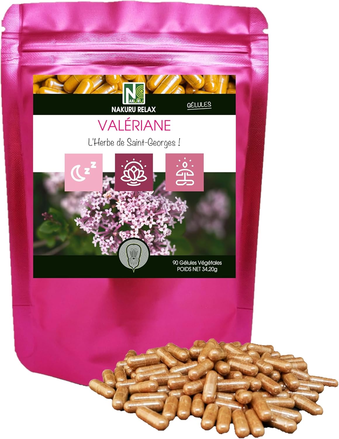 NAKURU | Valerian | Relax Range | Made in France | “L’Herbe de Saint-Georges!” (90 Vegetable Capsules of 380mg/Net Weight: 34g)