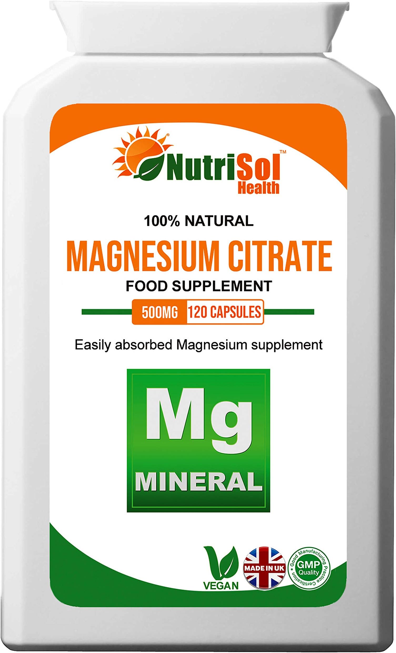 NutriSol Health Magnesium Citrate 500mg 120 Vegan Capsules | GMP Quality UK Made Food Supplement | Suitable for Vegetarians and Vegans