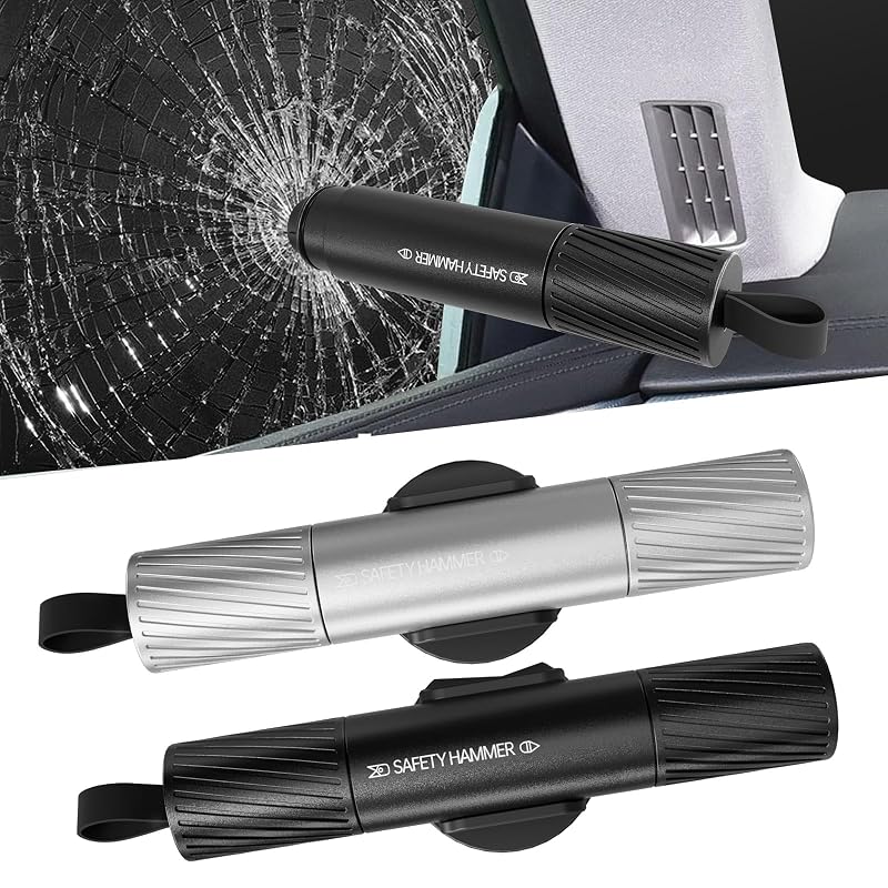 Kit de emergência automotiva Omrisy com quebra-vidro e cortador de cinto, preto e prata, 2 unidades