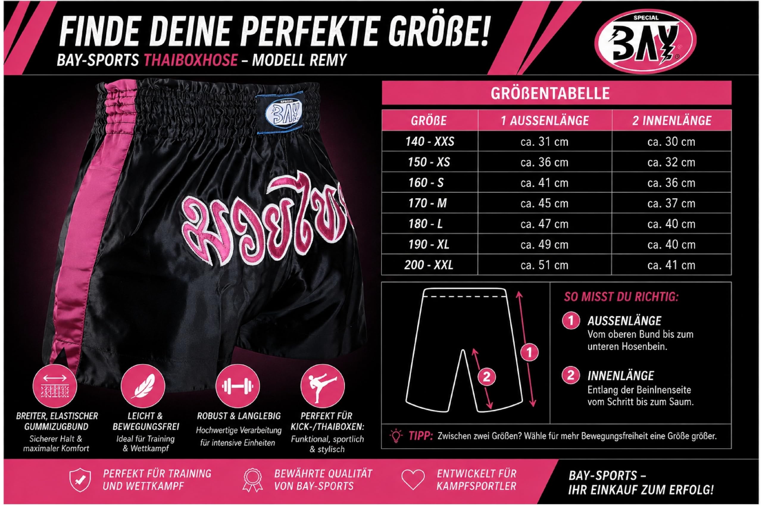 BAY Remy Thaiboxhose Kickboxhose Muay Thai Hose kurz aus Polyester mit traditioneller Thaischrift Schwarz/Pink Rosa XXS, XS, S, M, L, XL, XXL für Damen, Herren, Kinder, Erwachsene, Mädchen, Jungen
