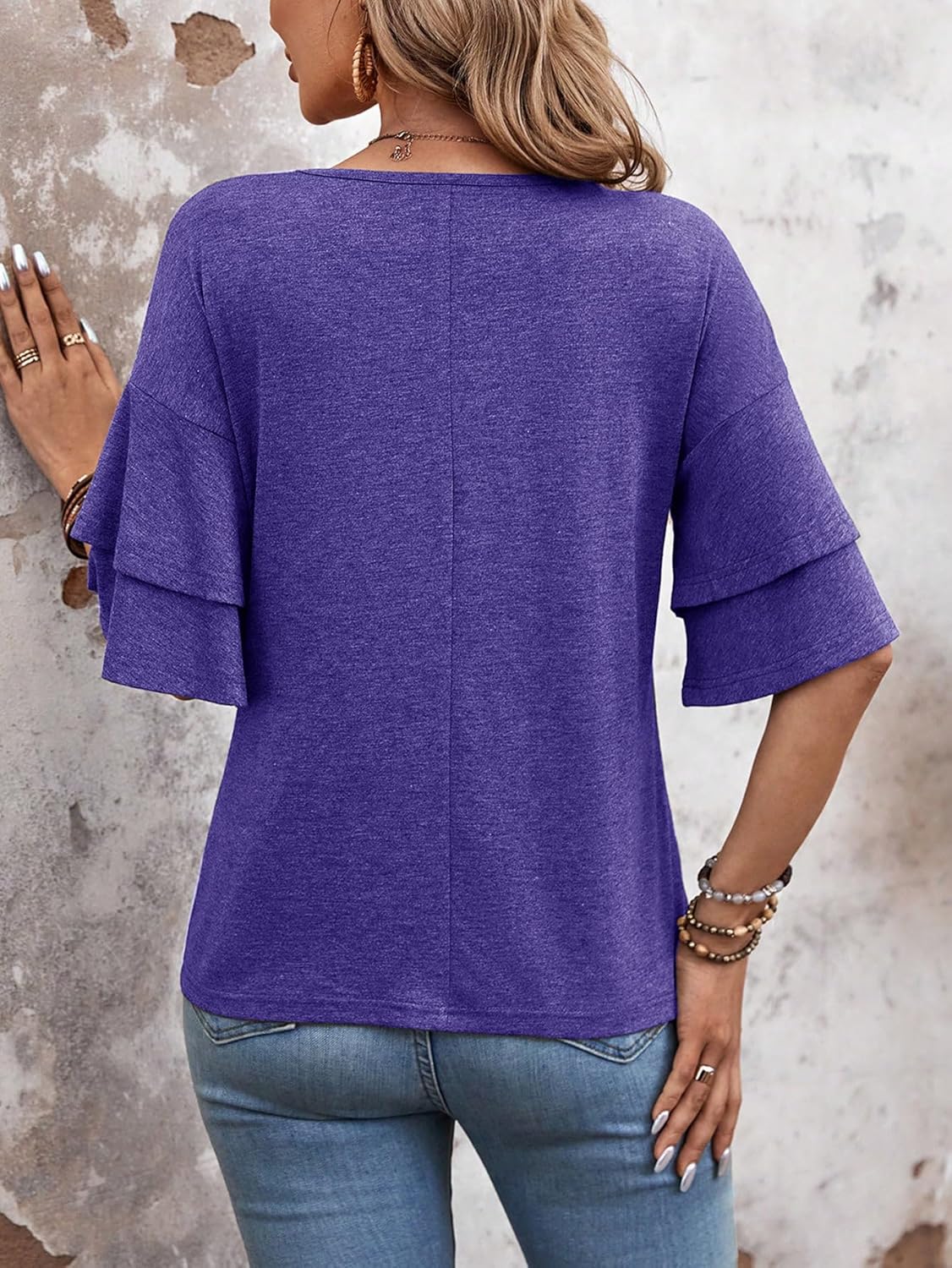 Womens Blouses Ruffle Short Sleeve T Shirts V Neck Double Tiered Bell Outfit 3/4 Sleeve Tops Fashion Clothes - Image 2