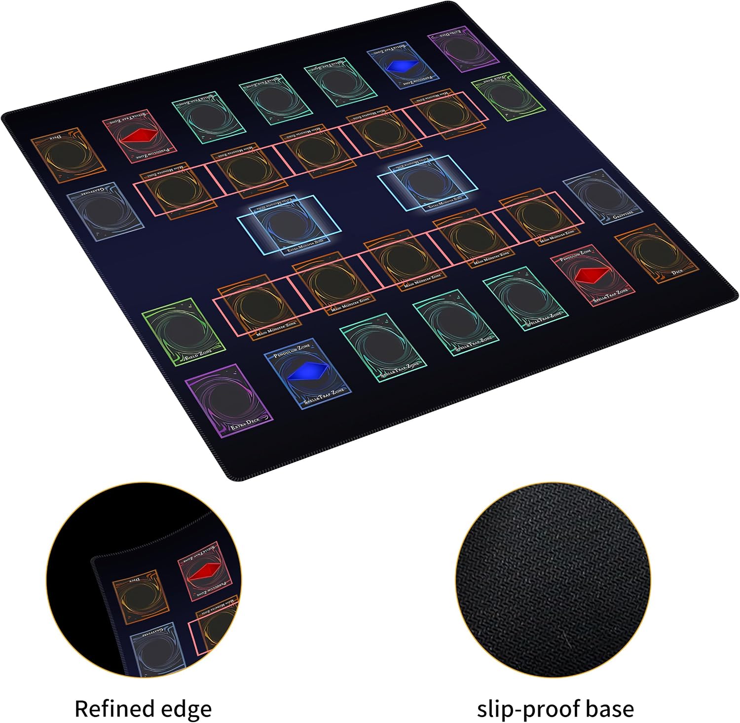 Stitched for Yugioh Playmat, 2-Player, Master Rule Duel Field Zones, Large Card Game Mat, Original Art Designs & Accessories (Basic4)