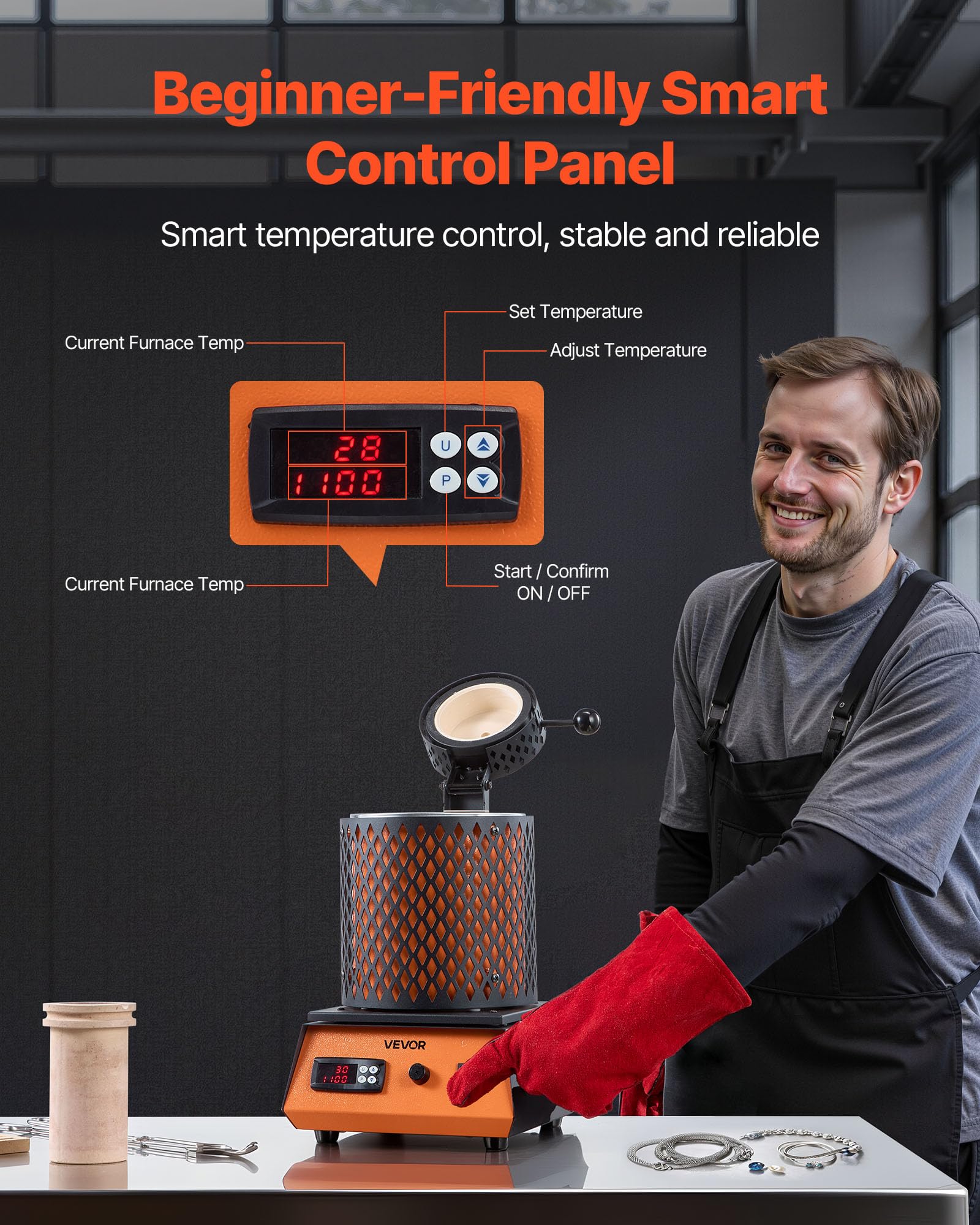 VEVOR Forno di Fusione Elettrico, 1500 W Macchina per Fusione di Metalli da 1150 ℃ con Crogiolo in Ceramica da 5 kg, Kit per Oro per la Creazione di Gioielli, Barre di Metallo, Componenti Metallici