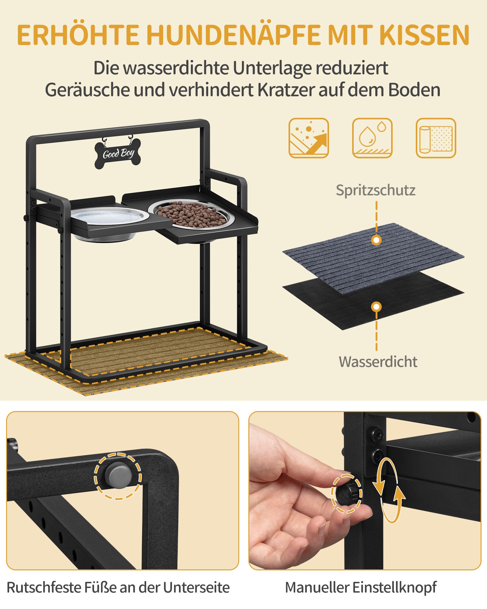 Hzuaneri Erhöhter Hundenapf, 6-Fach Höhenverstellbar, 2 x 2 L Edelstahlnäpfe (Winkel Separat Verstellbar), Geeignet für Kleine, Mittlere und Große Katzen und Hunde, Schwarz PB89099B