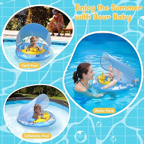 Miniatura 5 de WayEee Flotador de piscina para bebé con toldo UPF50+, flotador de natación inflable, asiento de seguridad ajustable, consola de juegos de juguete,