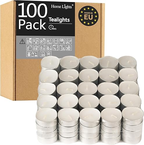HomeLights Velas de té 4 horas 100,200,300 paquetes a granel Velas votivas votivas europeas sin humo blancas sin perfume para Shabat, bodas,
