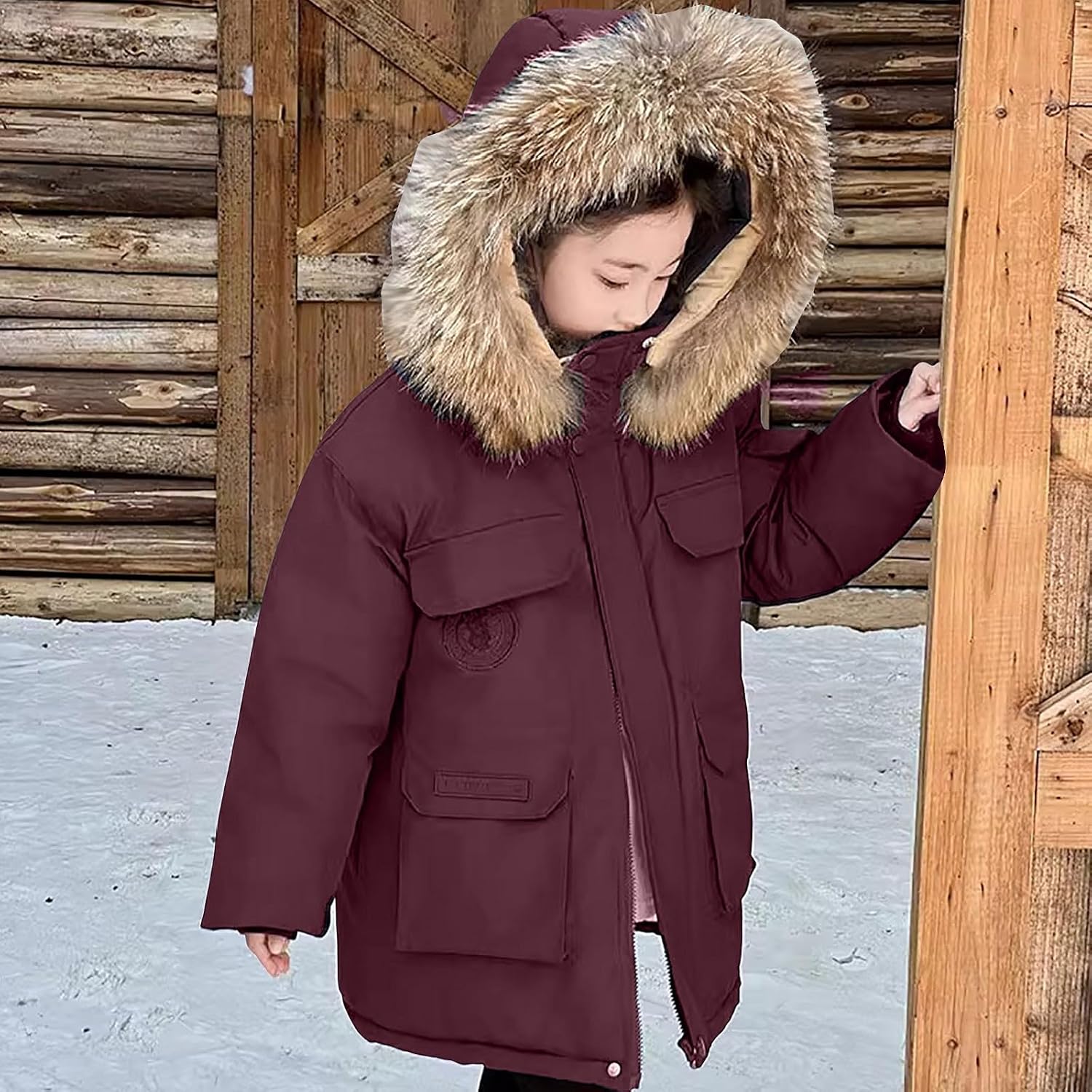 Girls Down Jackets Kids Winter 𝗙𝘂r Hooded Windproof Zipper Puffer Coat Teen Thicken Light Parka Outerwear
