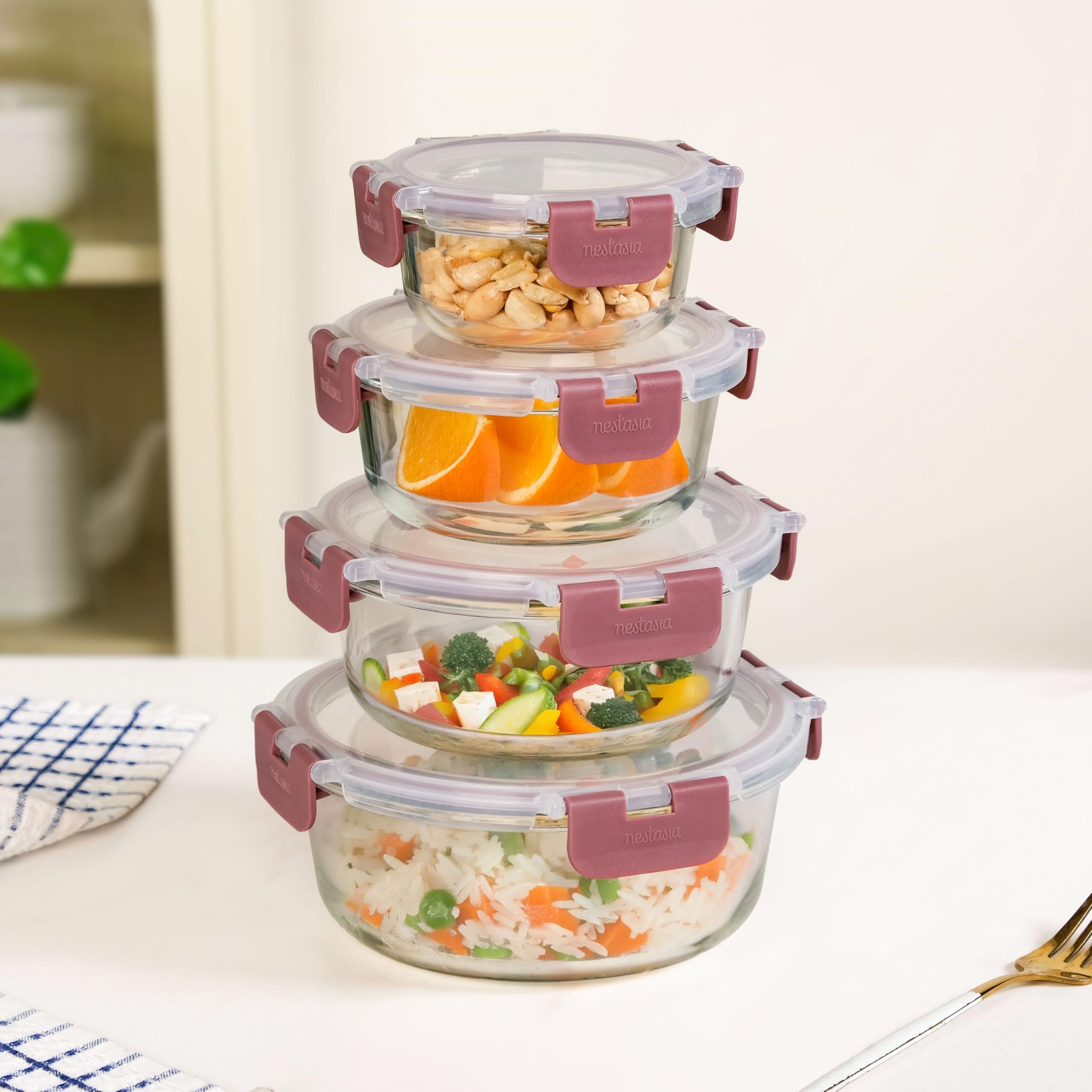 Nestasia Nestro Airtight Glass Containers with Lid Set of 4 (215ml, 400ml, 600ml, 950ml) | Spill Proof Round Glass Containers with Break Free Lock - Microwave, Dishwasher & Freezer Safe (Mauve)-image-13