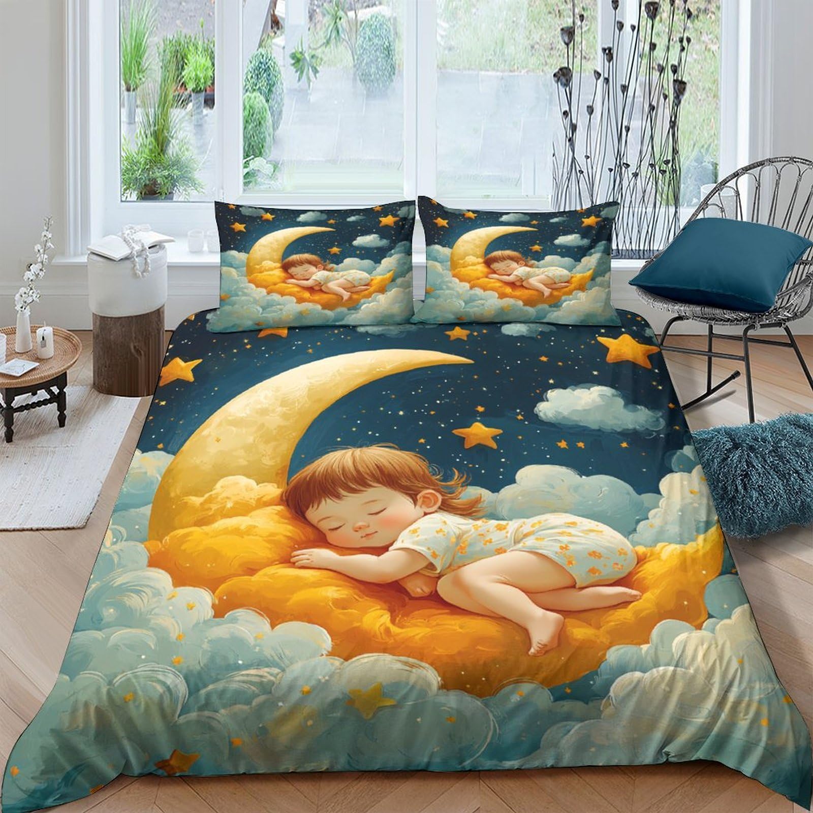 Ctjqhvkz Style-1 3D Printed Sleeping Child Moon Fitted Sheet Microfiber Soft Star Cloud Mattress Cover For Bedroom Dorm Decor Single（135X200cm）