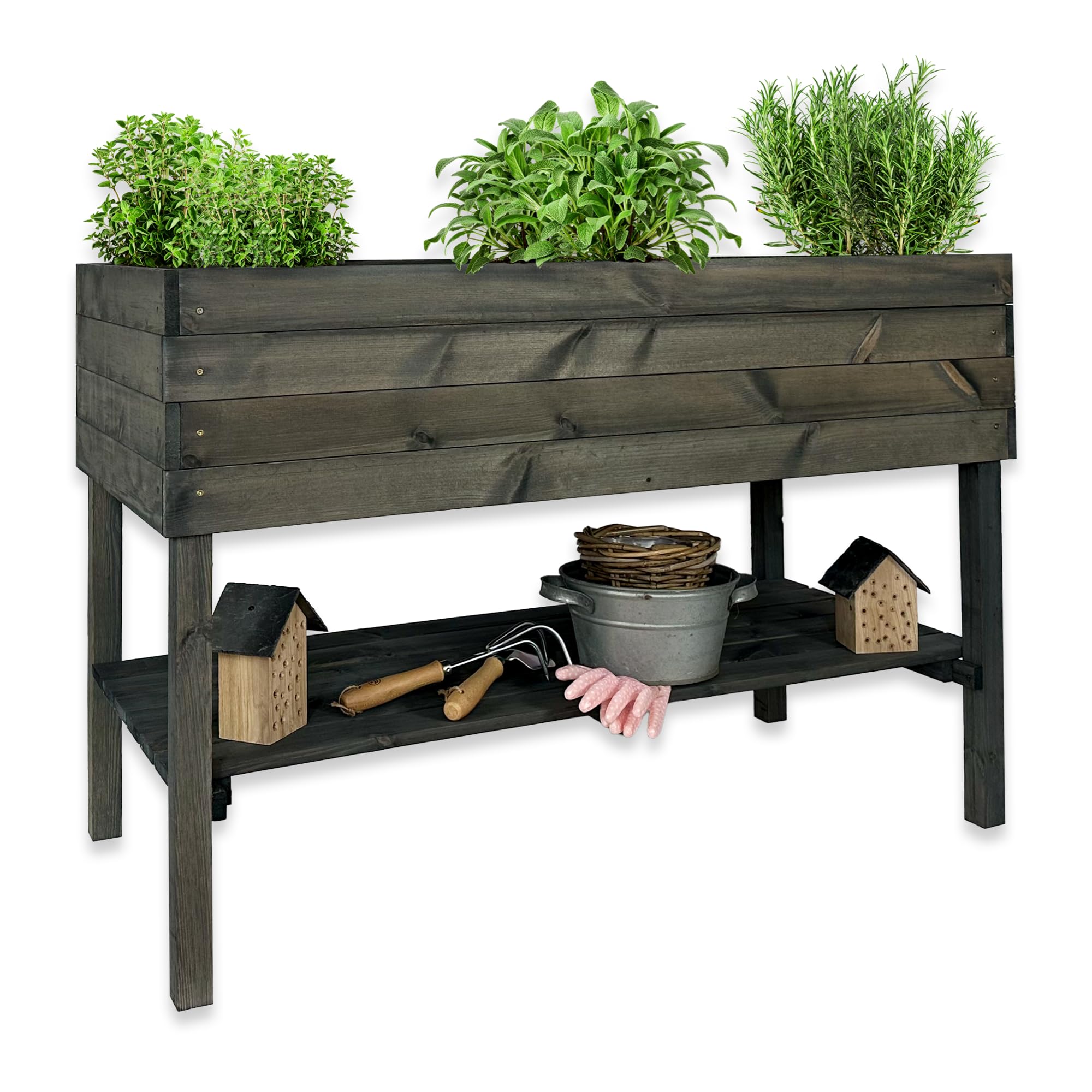 gartenetage Hochbeet XXL mit Ablage und Pflanzfolie - Nachhaltiges Design, Wetterfest, Rückenschonend, Praktische Ablage, Inklusive Pflanzfolie, Anthrazit