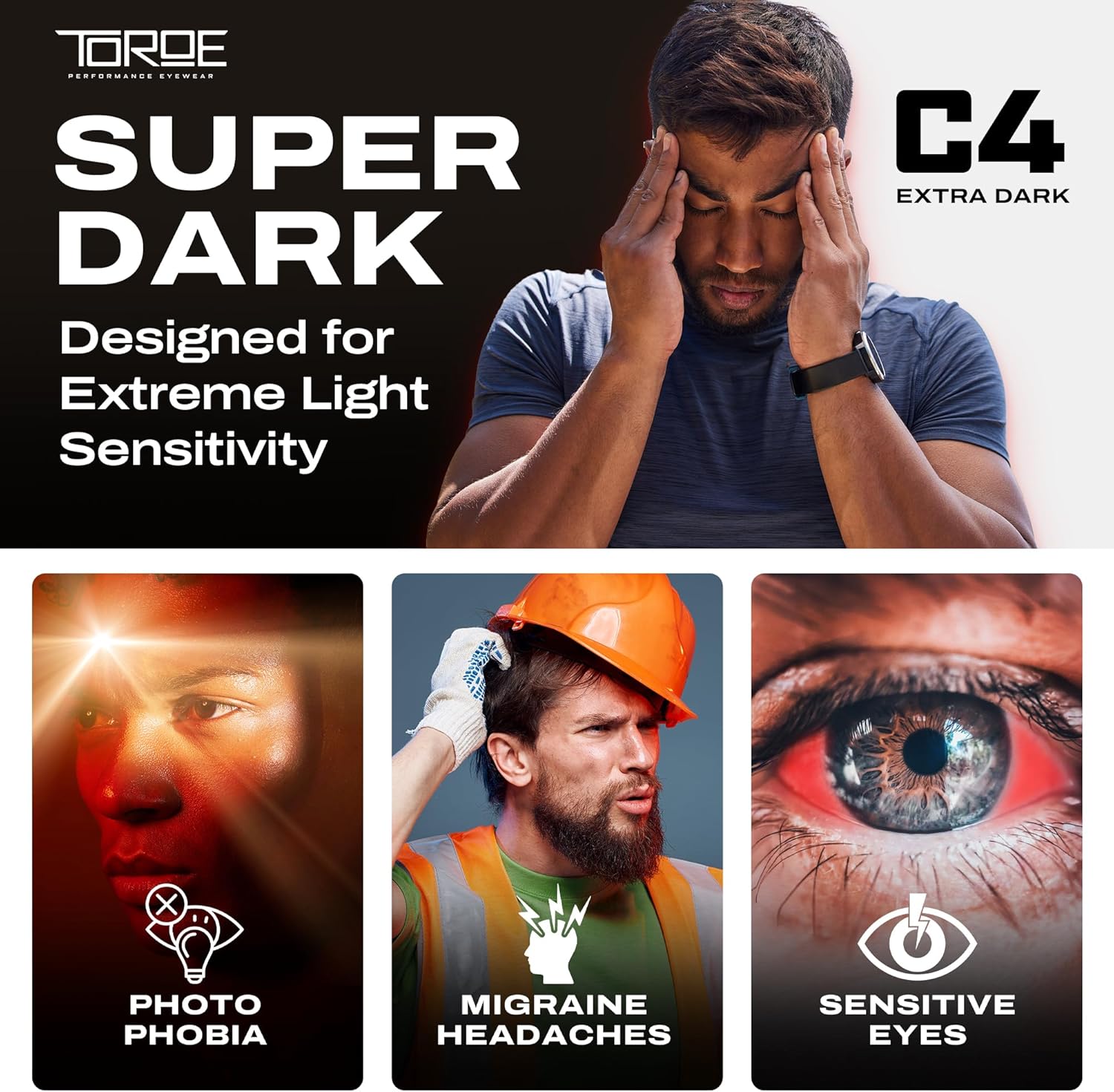 TOROE Super Dark Black Out Polarized Sunglasses Extreme Light Sensitivity Advanced UV Protection C4 Impact Resistant - Image 3