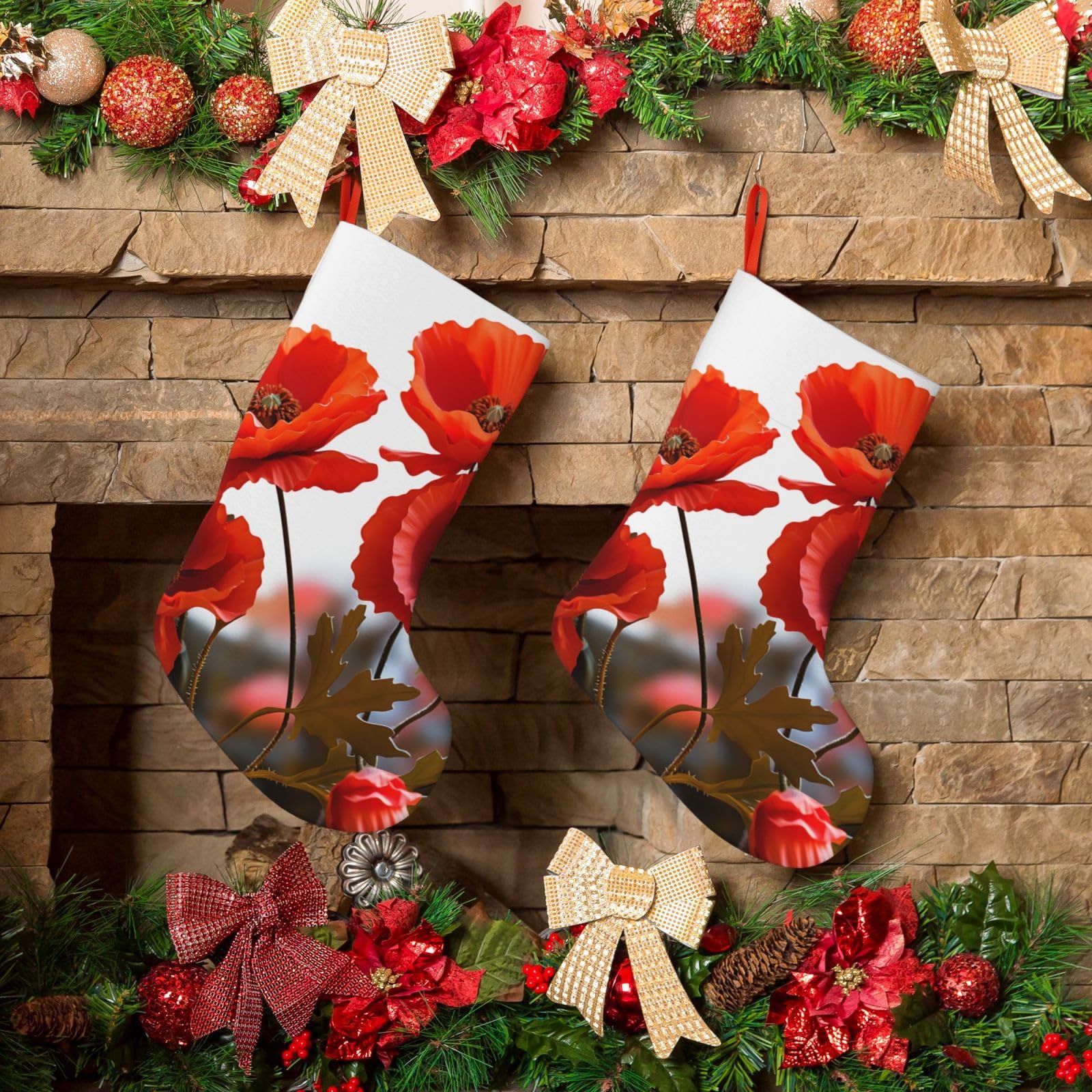 KLOPH Christmas Stockings 18" Personalized Xmas Stocking Poppy Flowers Vivid Petals Decoration Stocking Hanging Fireplace Stocking for Holiday Xmas Tree Christmas Fireplace Decor