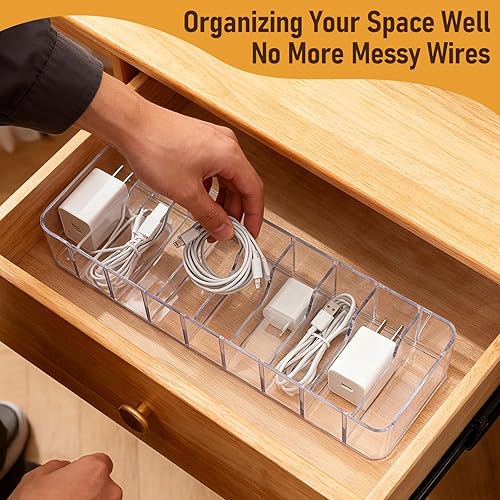 Miniatura 7 de Paquete de 2 cajas organizadoras de cables, caja de almacenamiento de cables de plástico con tapa, organizador de cables de carga transparente con 8