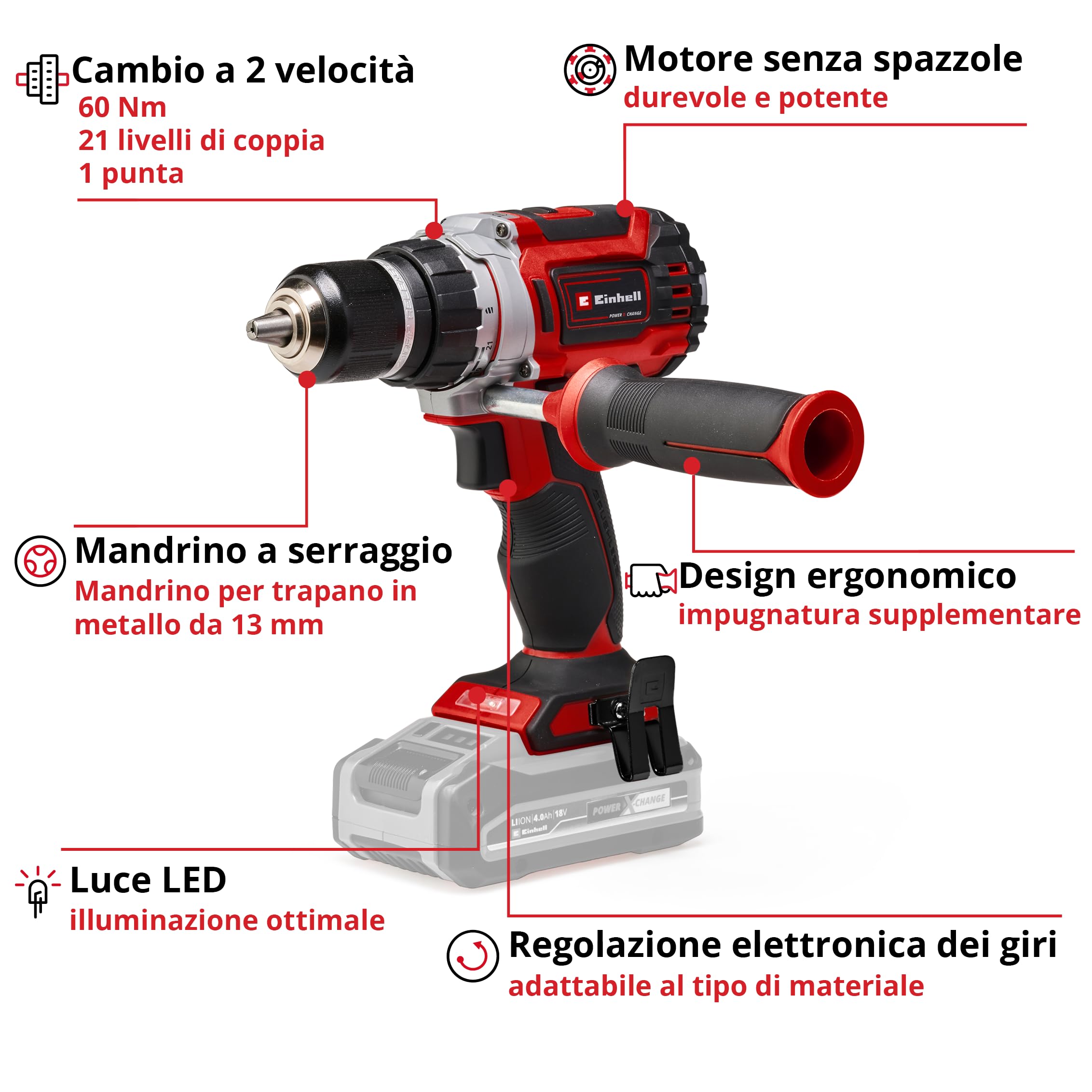 Einhell Professional Trapano avvitatore a batteria TE-CD 18/60 Li BL-Solo Power X-Change (ioni di litio, 18 V, motore senza spazzole, 2 velocità, senza batterie e caricabatteria)