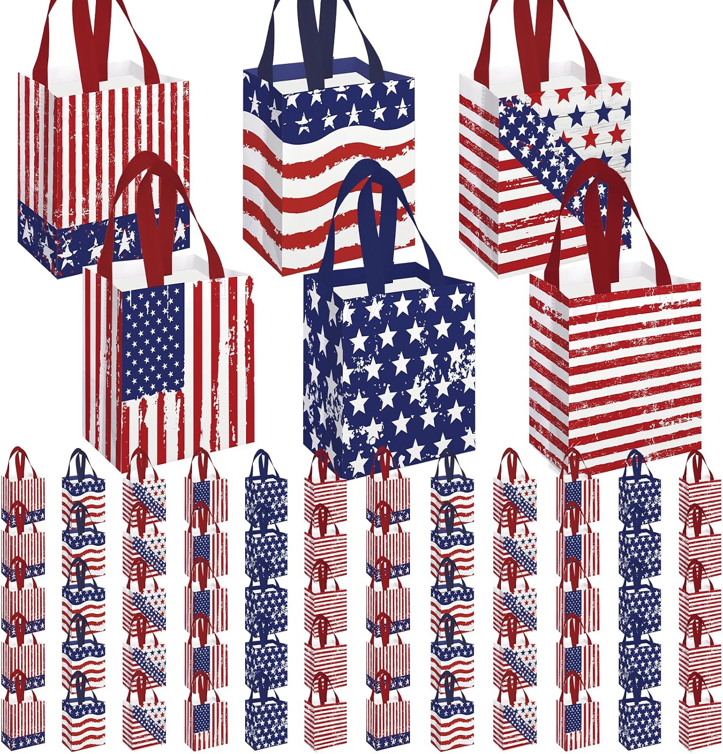 KOPOOEOE 60 Pcs 4th of July Patriotic Bags Bulk Memorial American Flag Non Woven Gifts Bags with Handles Reusable 250th Vintage Decoration for Independence Labor Day Party Supplies