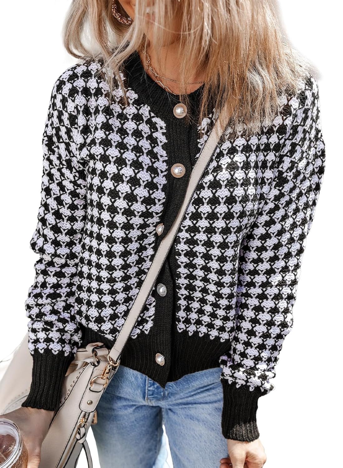 Dokotoo Cardigan Sweaters for Women V Neck Button Down Long Sleeve Plaid Knit Cardigans Sweater Tops