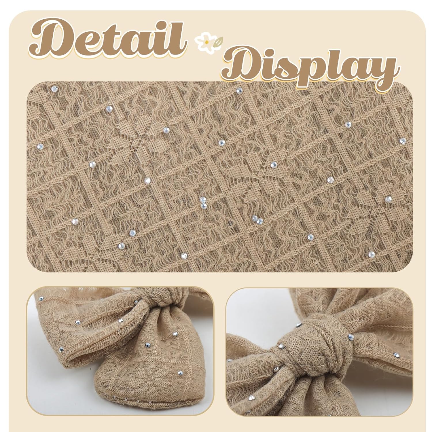 YanJie 3PCS 4’’ Lace Hair Bow for Girls Nylon Baby Headbands Rhinestone Black Beige Off White Bows Hair Accessories for Newborn Infant Toddler Girl - Image 5