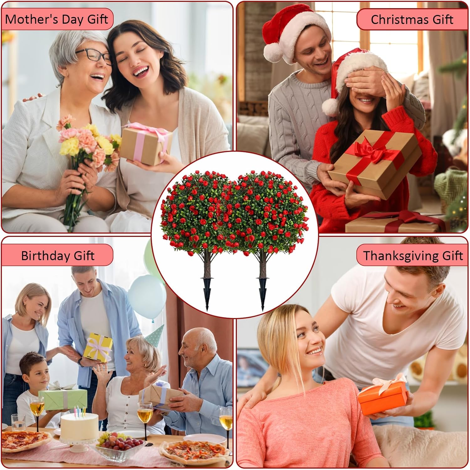 Set of 2 Artificial Rose Topiary Ball Trees with Ground Spike for Outdoor, 26 Inch Realistic Faux Greenery Shrubs with Rose, UV Resistant Fake Evergreen Bushes Plants for Garden Yard Porch Decor (Red)