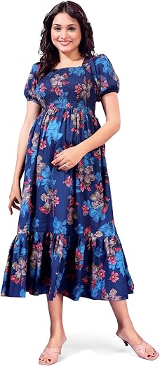 KUDUZO Women's Cotton Midi Dress with Floral Print Puffy Short Sleeves Square Neck Western Style Regular Fit and Knee Length