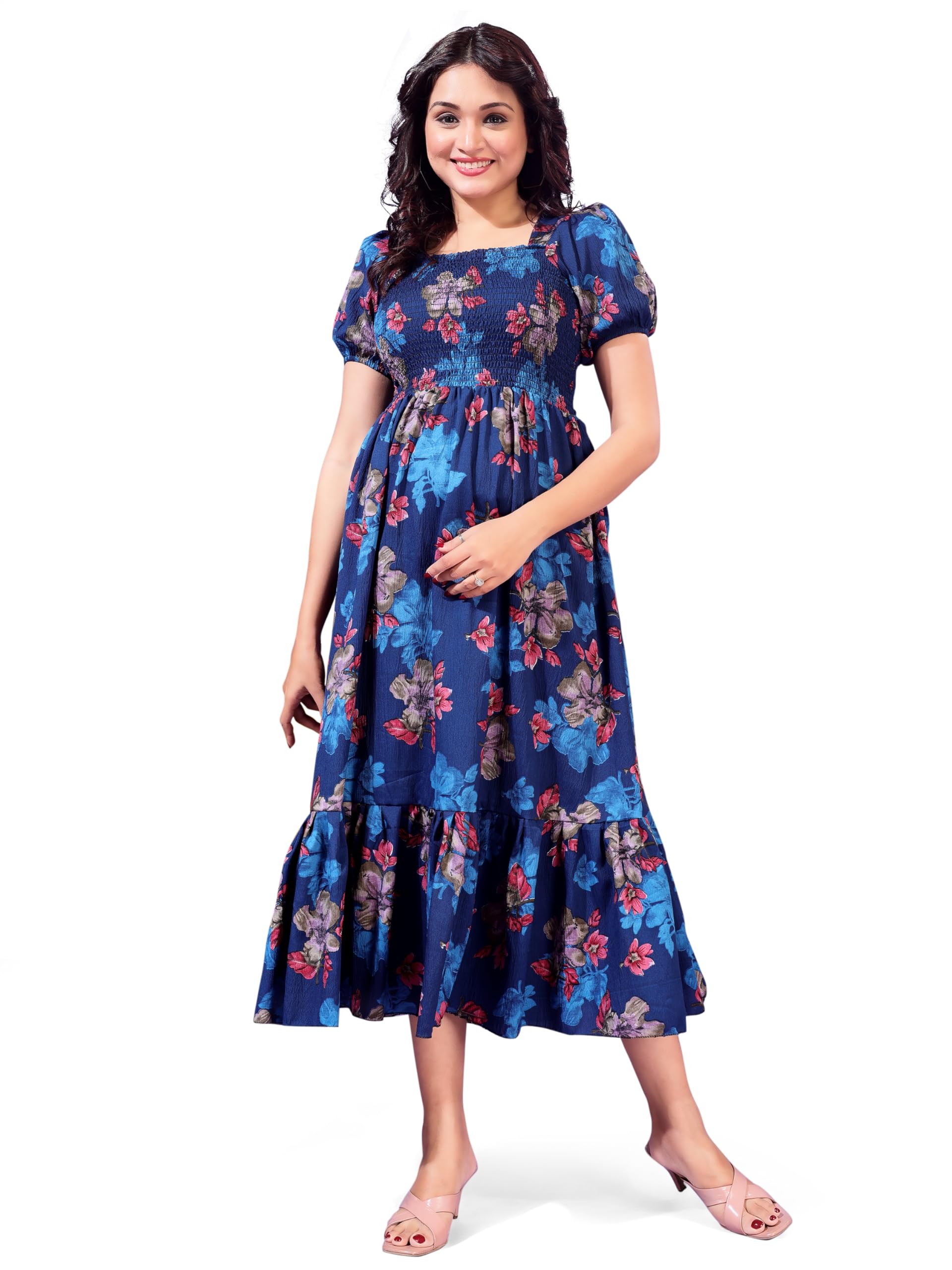 Women's Cotton Midi Dress with Floral Print Puffy Short Sleeves Square Neck Western Style Regular Fit and Knee Length-image-25