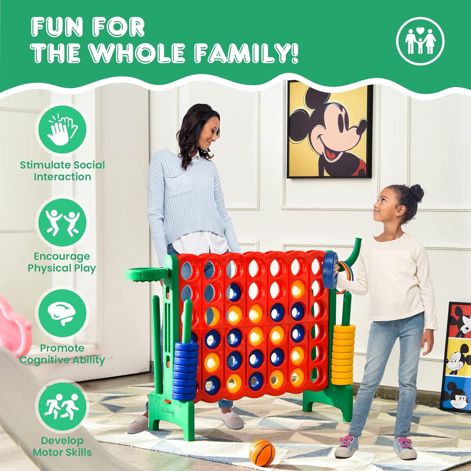 HONEY JOY Jumbo 4-to-Score Giant Game Set, 3-in-1 Indoor Outdoor Family Yard Game Set w/Basketball Hoop & Ring Toss, 42 Jumbo Rings, Quick-Release Slider, Giant 4-in-A-Row for Kids & Adults