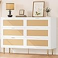 GarveeHome Rattan 6 Drawer Dresser for Bedroom, Modern Chest of Drawers with Gold Legs and Gold Handles, Wide Double Dresser with Large Tabletop and Anti-tipping Design for Bedroom, Living Room, White