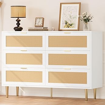 GarveeHome Rattan 6 Drawer Dresser for Bedroom, Modern Chest of Drawers with Gold Legs and Gold Handles, Wide Double Dresser with Large Tabletop and Anti-tipping Design for Bedroom, Living Room, White
