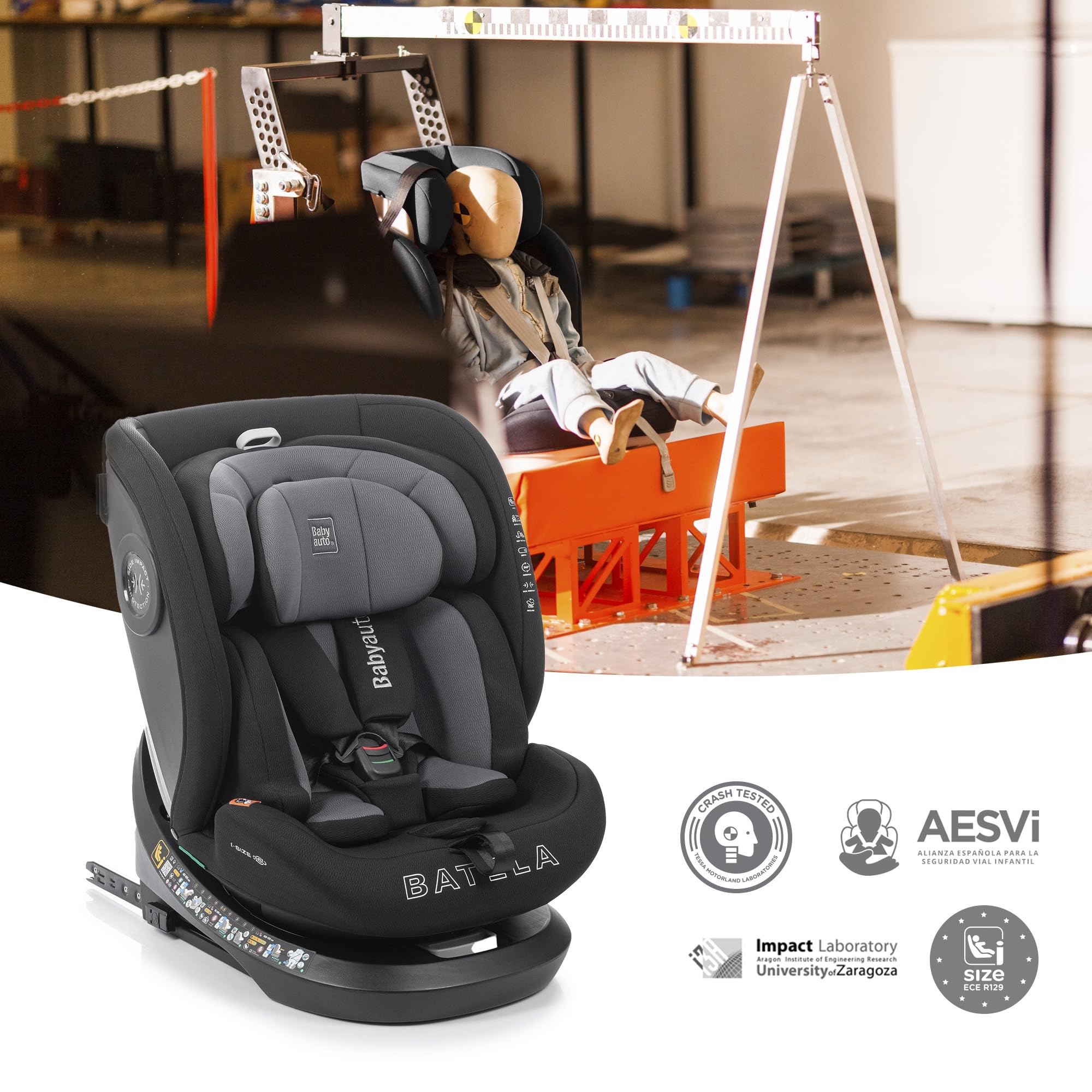 BABYAUTO – Silla de Coche Batela iFix i-Size (0-12 Años, 40-150 cm, 0-36 kg) – Giratoria 360° – ISOFIX + Top Tether – A Contramarcha hasta 105 cm – Arnés 5 Puntos – Protección Lateral – Gris