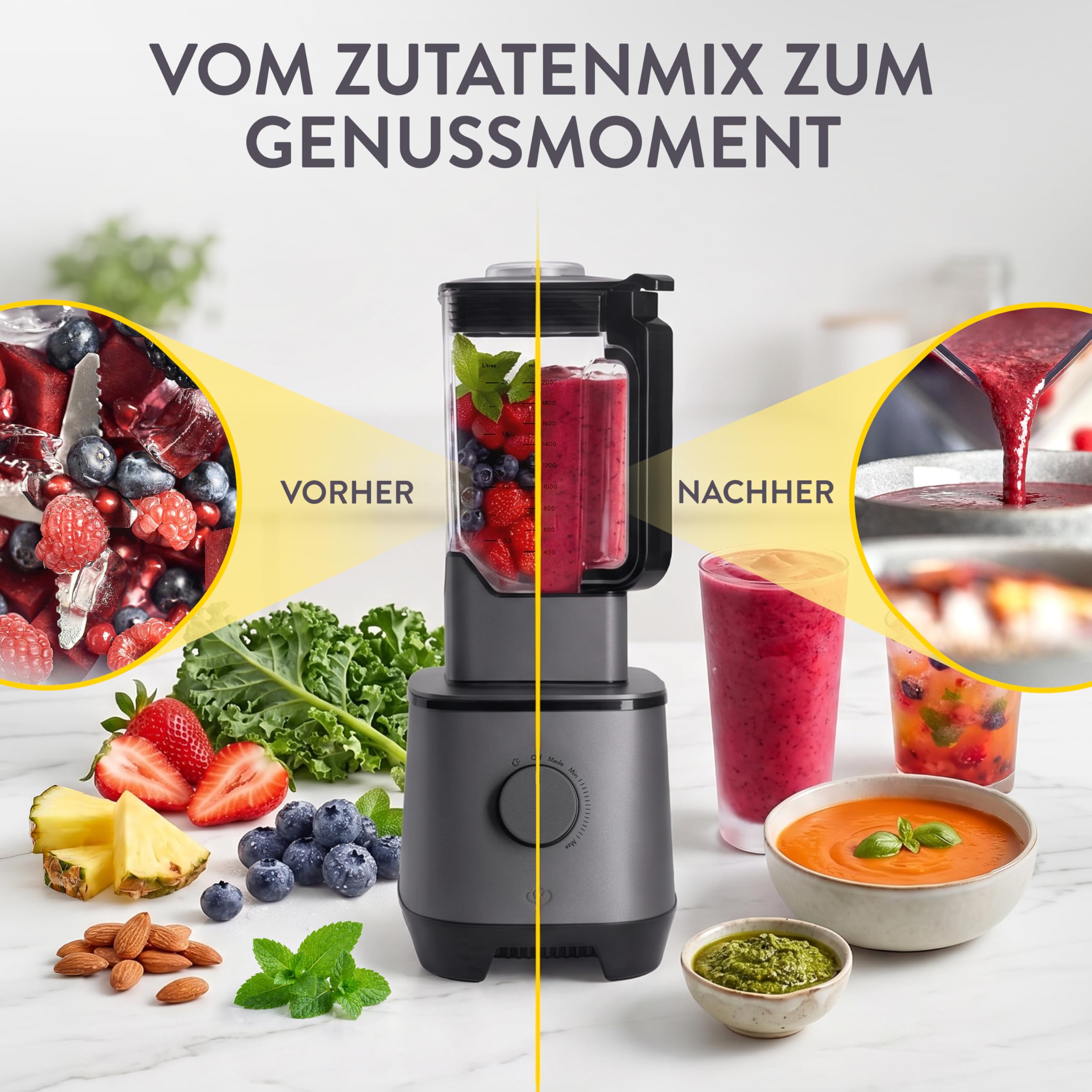SPRINGLANE Hochleistungsmixer Hanno 2000 W, 32.000 U/min, 4 Programme, Selbstreinigungsfunktion, Standmixer mit 2,5 L Tritan-Behälter ohne BPA, inkl. Edelstahlmixbehälter & To-Go-Mixflasche