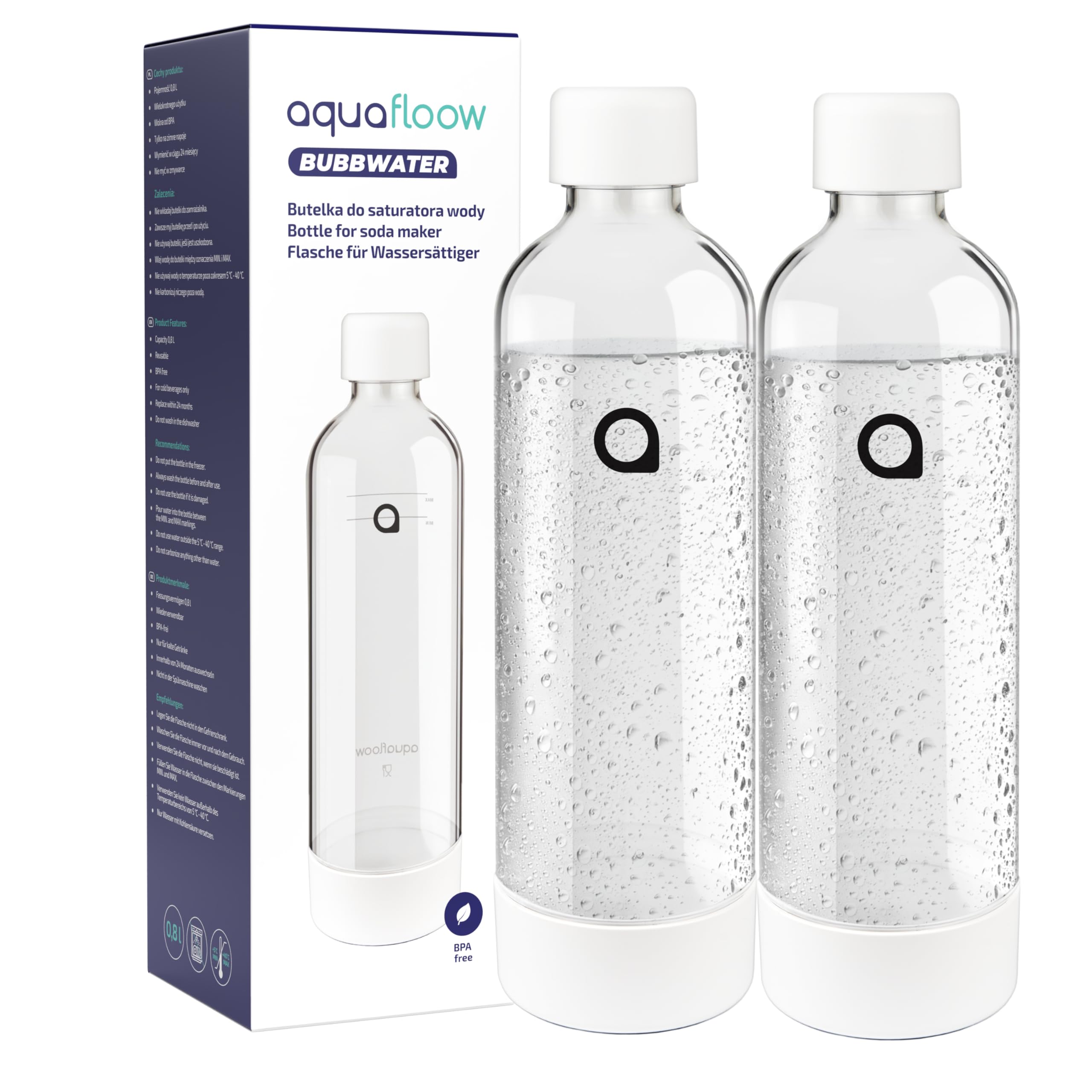 Aquafloow Gasatore per Acqua con Cilindro CO2 e 2 Bottiglie da 800 ml senza BPA – Macchina per Acqua Frizzante senza Elettricità – Design Elegante per Casa o Ufficio