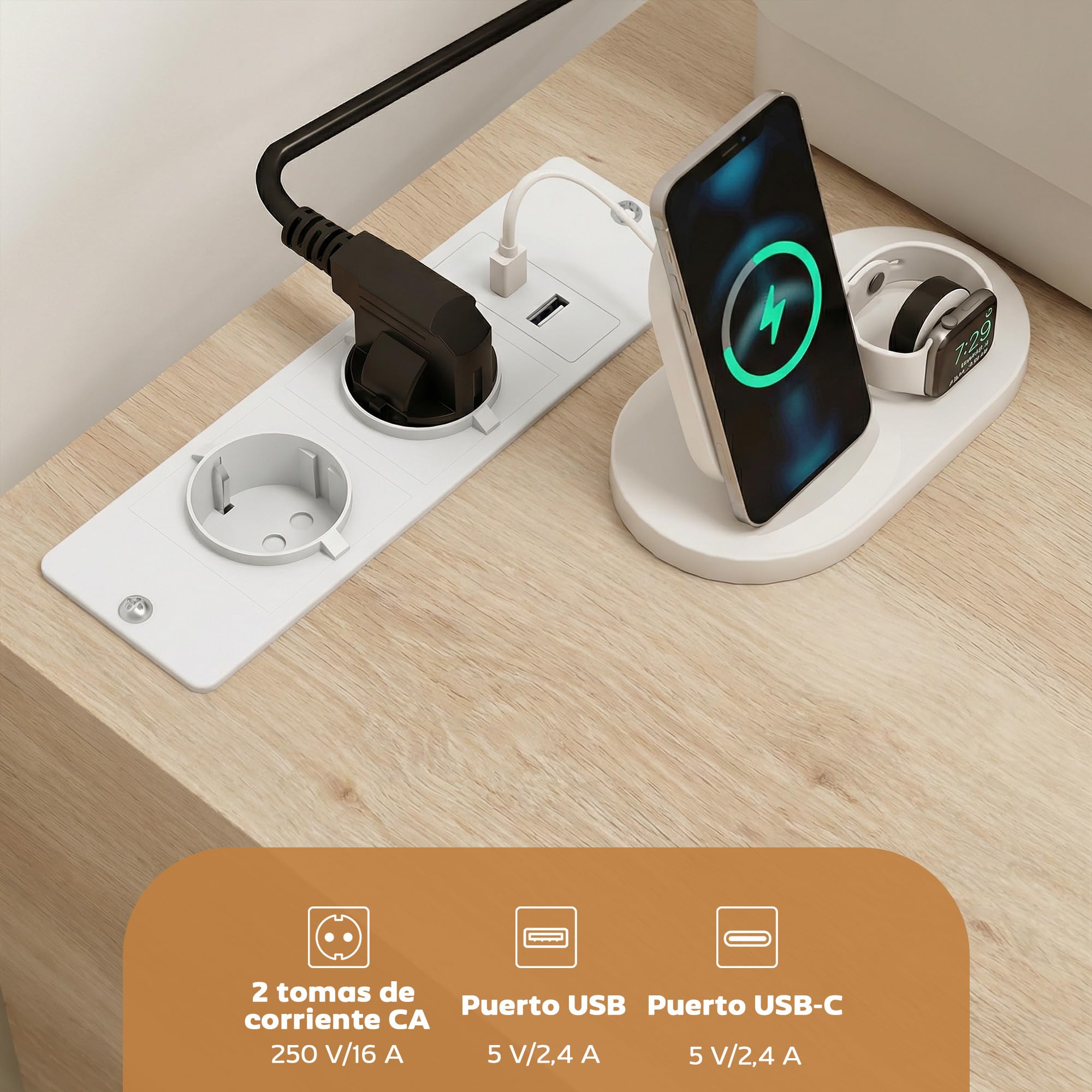 HOMCOM Mueble para Impresora con Estación de Carga y Ruedas, Soporte para Impresora, Cajonera para Escritorio con 5 Cajones, Puertos USB, Estante Ajustable para Archivador, Oficina en Casa, Natural