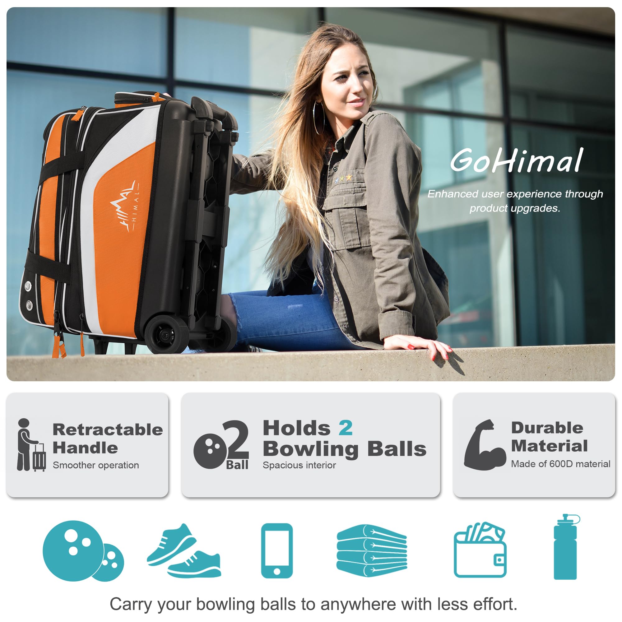 GoHimal Sac de bowling à double rouleau à 2 balles avec compartiment séparé pour chaussures de bowling (jusqu'à la taille 15) et une grande poche multifonction pour accessoires, tissu amélioré