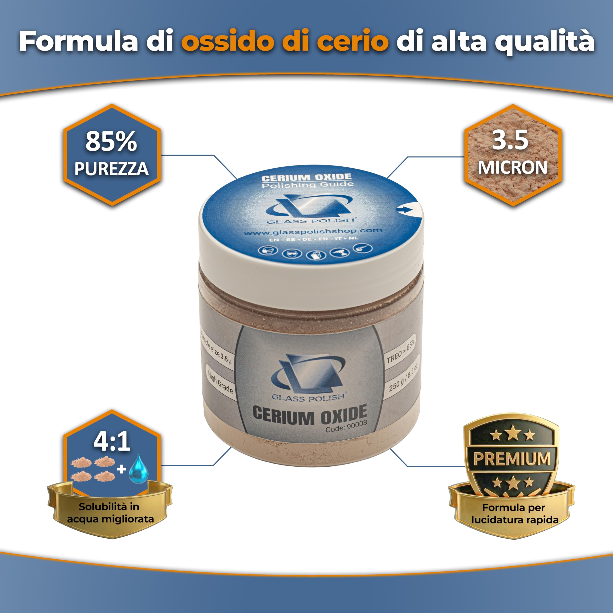 GLASS POLISH 250 g Cerium Oxide, Composto di Lucidatura del Vetro di Ossido di Cerio Grado Alto 85% Puro, Formula Trattata in Sospensione, Particelle da 3,5 micron, Prestazioni di Restauro Migliorate