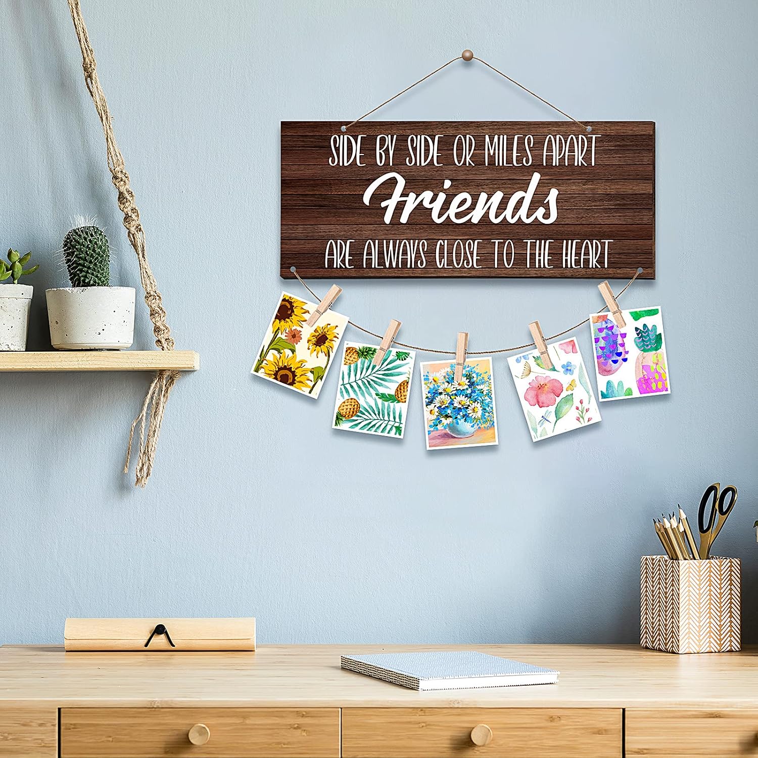 Blulu Friendship Picture Frame, Best Gifts for Teen Girls, Wooden Hanging Photo Display Holder 13.5 x 5.5 Inch Rustic Hanging Photo Display Board with Clothespins and Twine for Home Bedroom Decor image 5