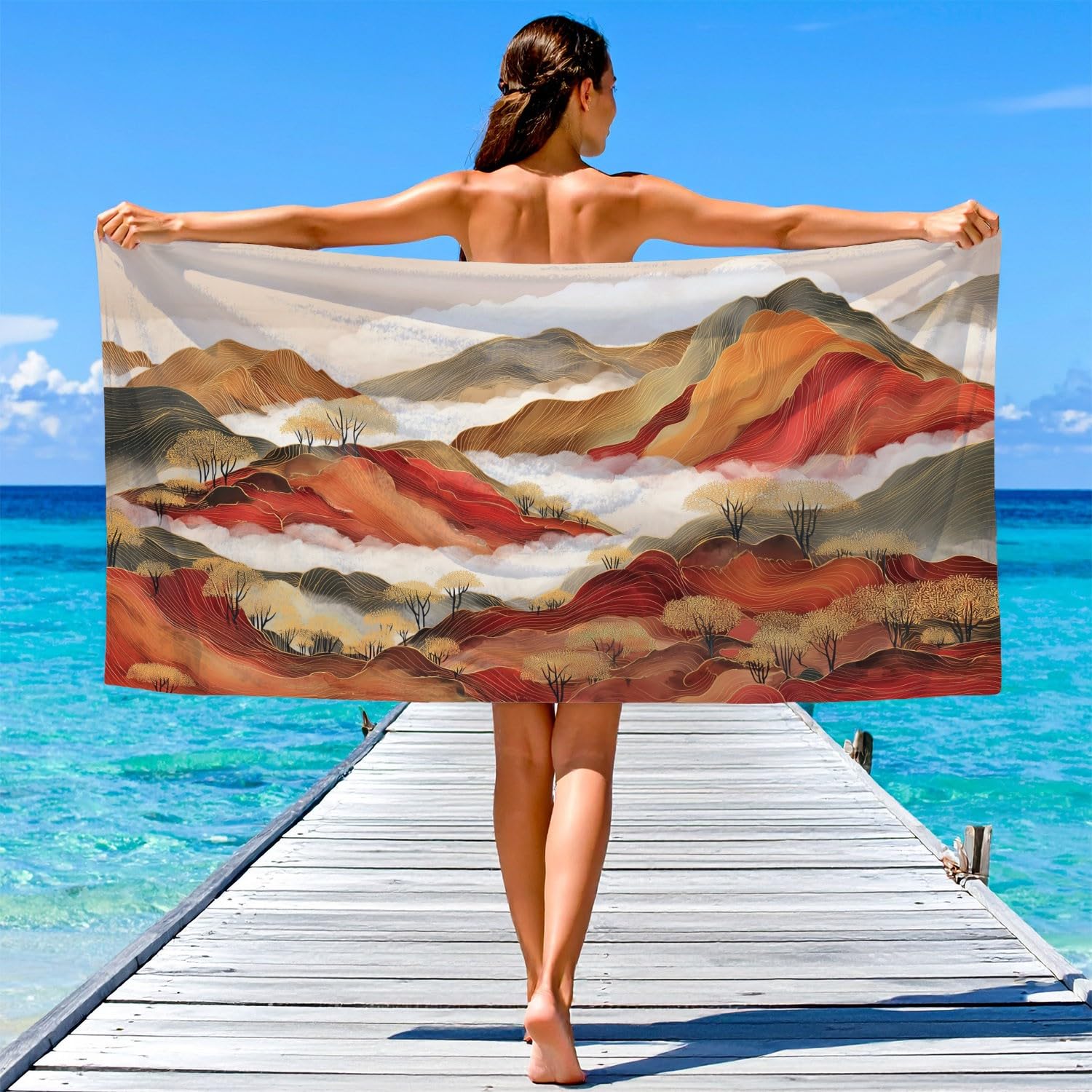 Générique Serviette de Plage Microfibre Traditional Classic, Drap de Plage Luxe Calme Élégant Nature Paysage Montagnes Séchage Rapide Anti Sable & Légère, Serviette de Bain 180 cm x 160 cm Accessoire