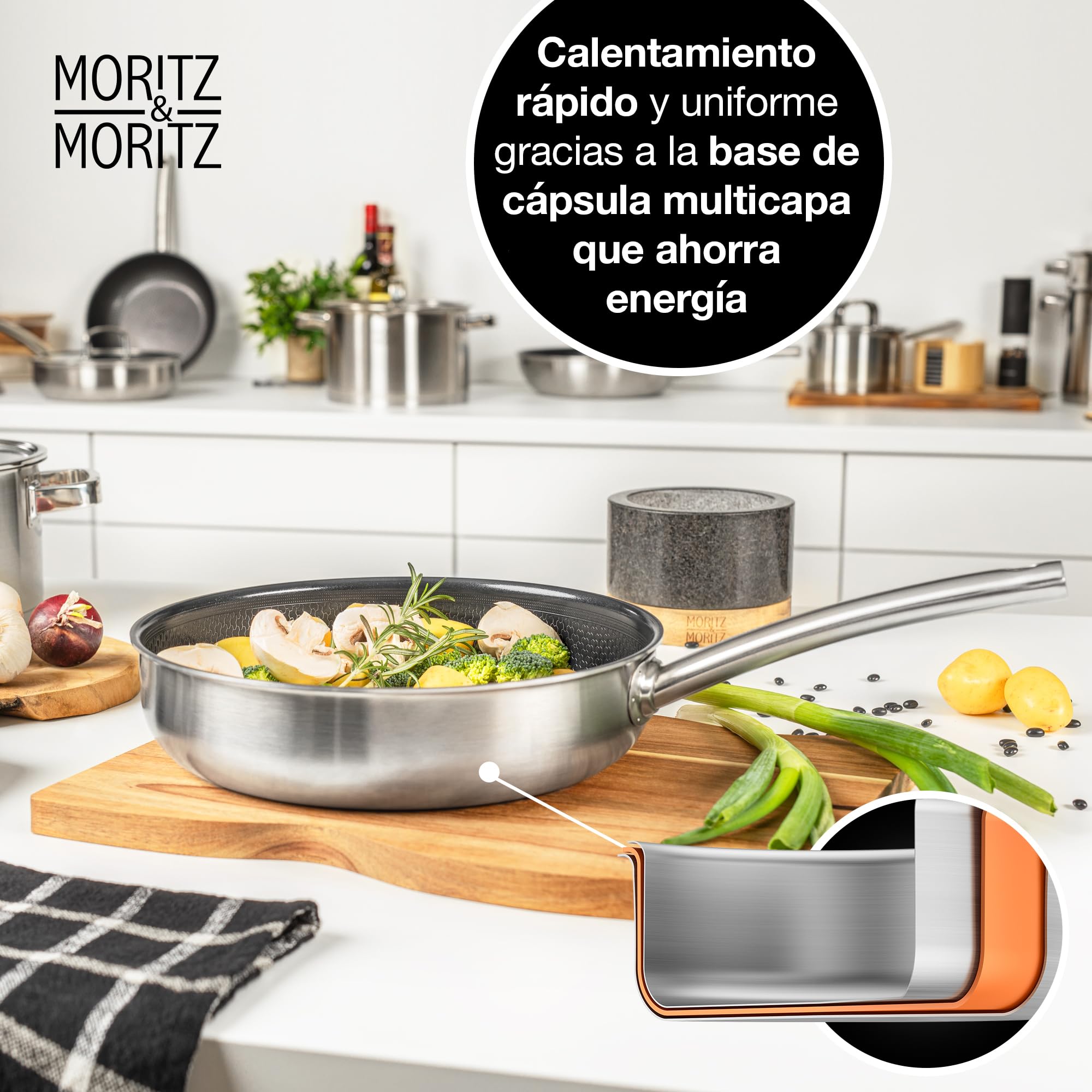 Moritz & Moritz Sartenes Antiadherentes Inducción 28cm de Acero Inoxidable Revestimiento Cerámico - Apta para todo Tipo de Placas - Sartenes Induccion Antiadherentes para Cocinar, Freír y Estofar