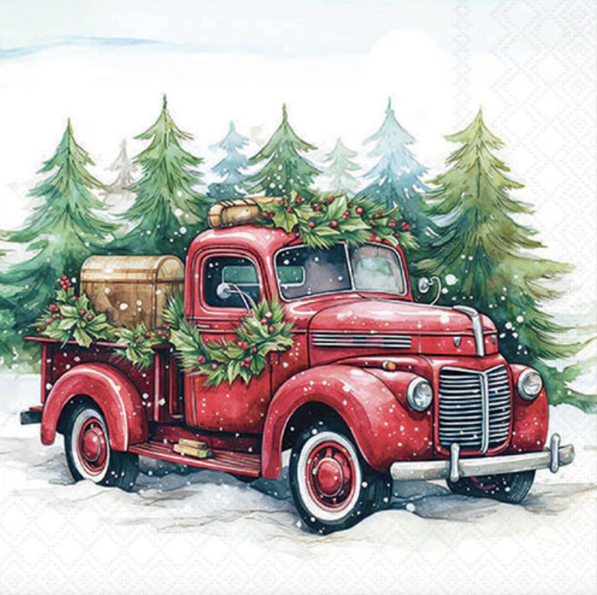 Set of 2 Individual Decoupage Paper Party Napkin Christmas Red Truck Snow Watercolor Decor Luncheon Napkins for a Birthday Holiday, Wedding, Cocktail Party