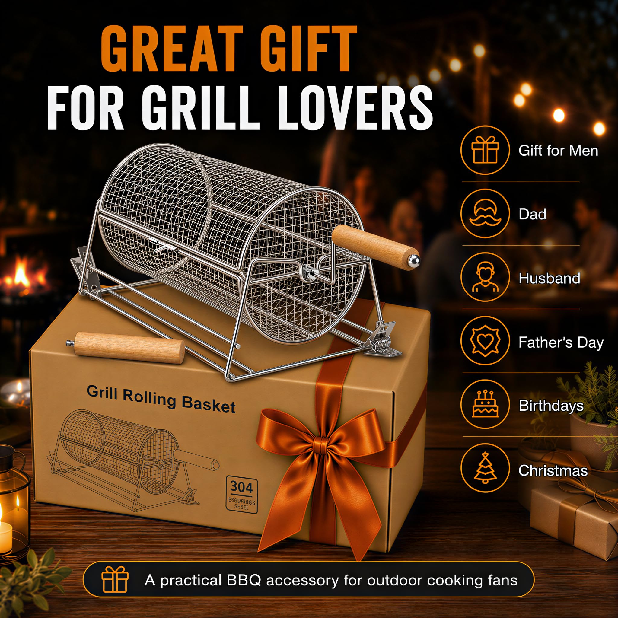 Kosz do grillowania 2 w 1 ze stali nierdzewnej 304, obrotowy kosz BBQ z korbką i prostym uchwytem, siatka do grillowania warzyw, krewetek i mięsa, prezent dla mężczyzny