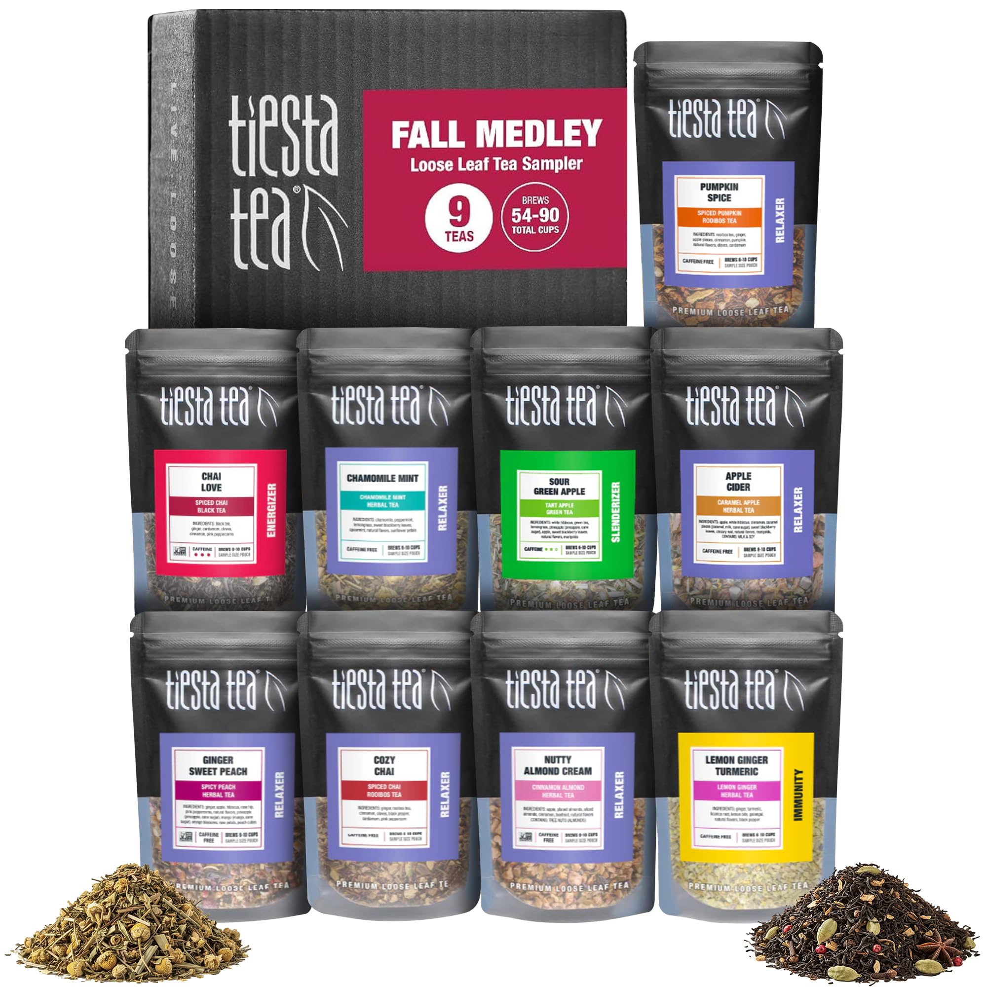 Tiesta Tea Fall Medley Dry Flight Set – Assorted Herbal, Black, Chai, and Fruit Tea Blends for Hot or Iced Brewing, Caffeine Free Loose Leaf Sampler Set with 9 Resealable Pouches
