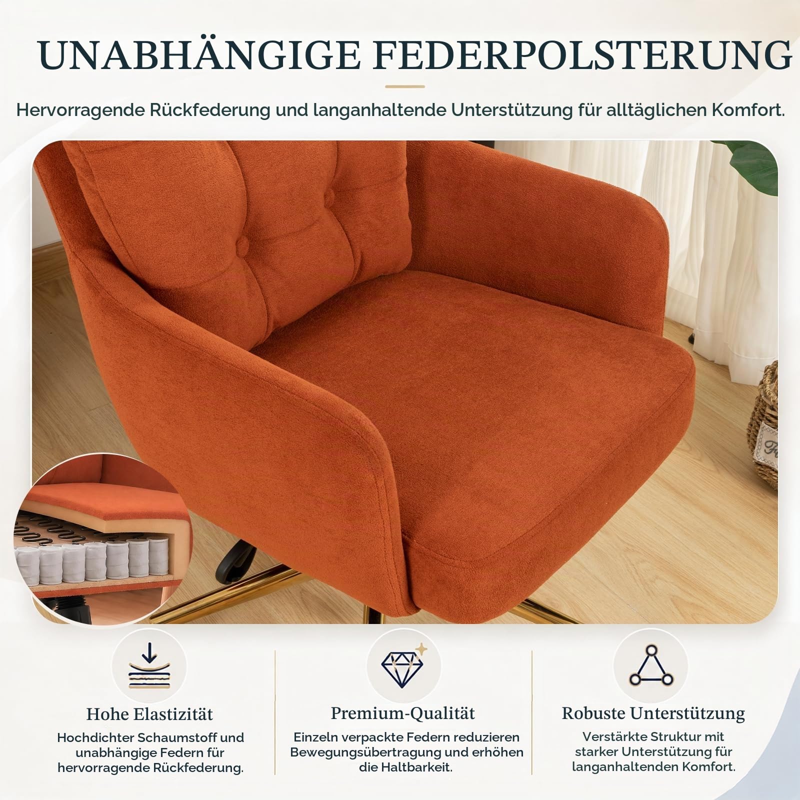 Schreibtischstuhl Polsterstuhl Samt, 360° Drehstuhl mit Rollen, Armlehnstuhl Höhenverstellbar mit Metallbeinen und Kissen, Bürostuhl (Orange)